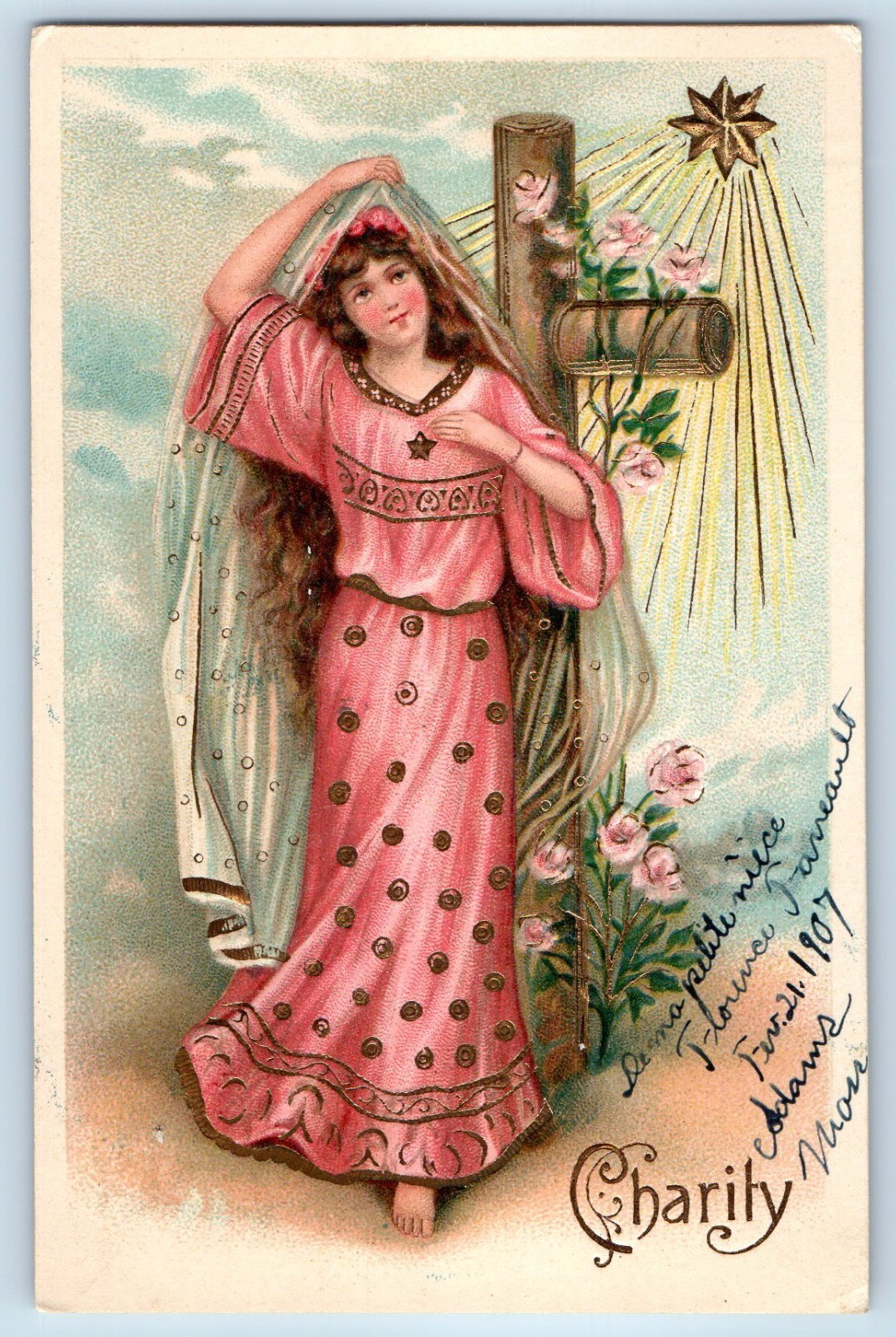 c1910\'s Charity Pretty Woman And Cross Pink Flowers Embossed Antique Postcard