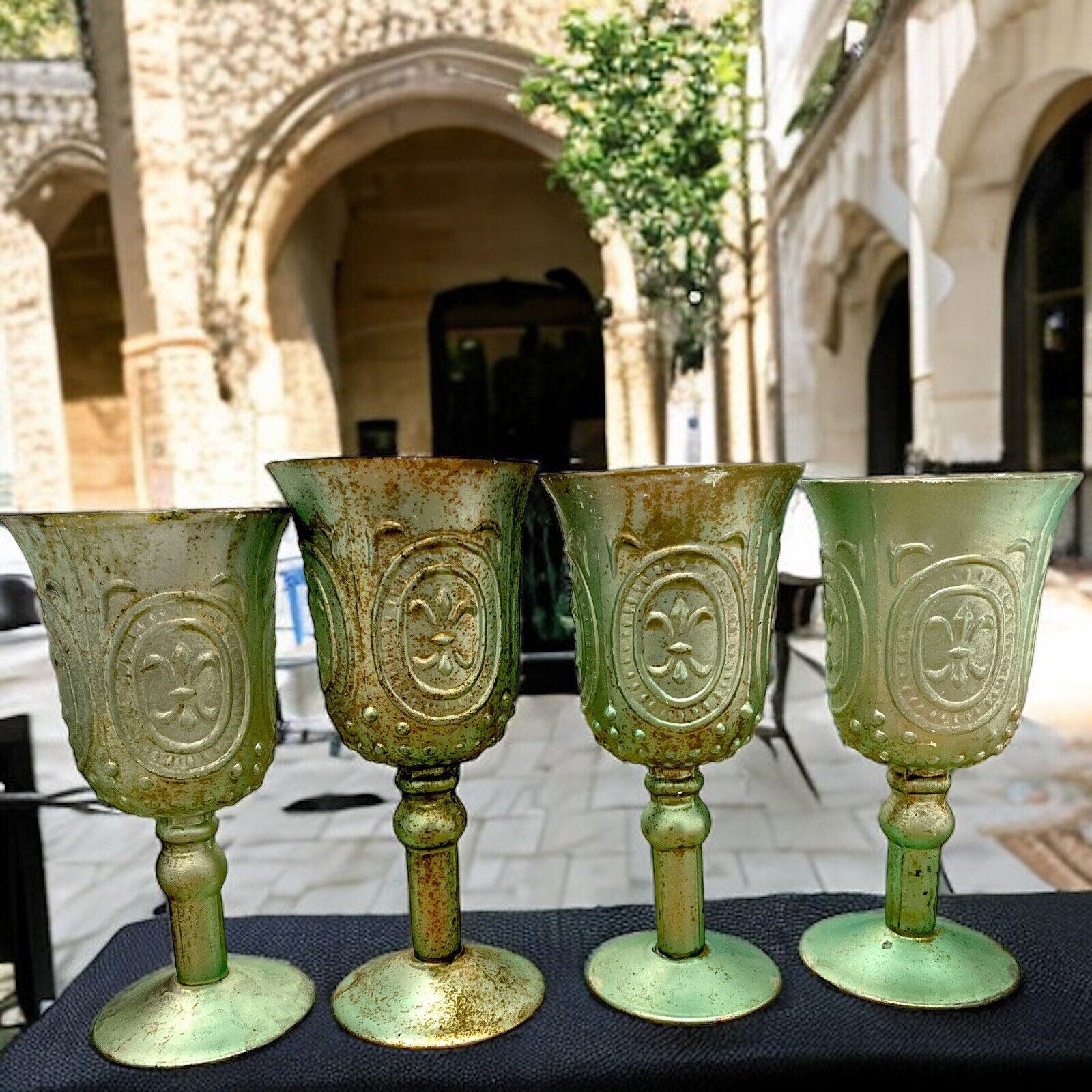 Verdigris Glass  Pedestal, Vintage Goblet Cups