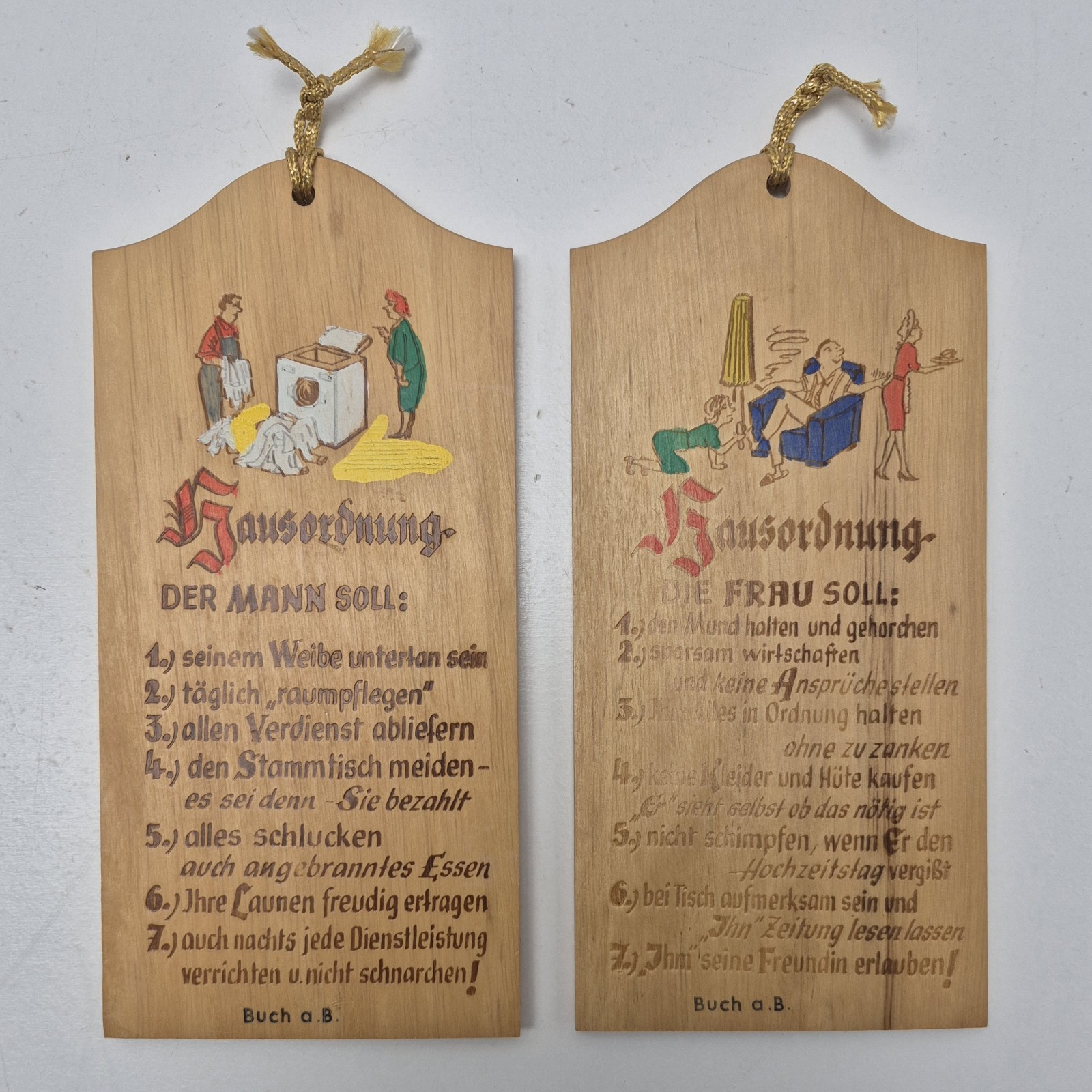 2 Vtg German Novelty Wooden Plaques Wall Decor Hausordnung Frau & Mann