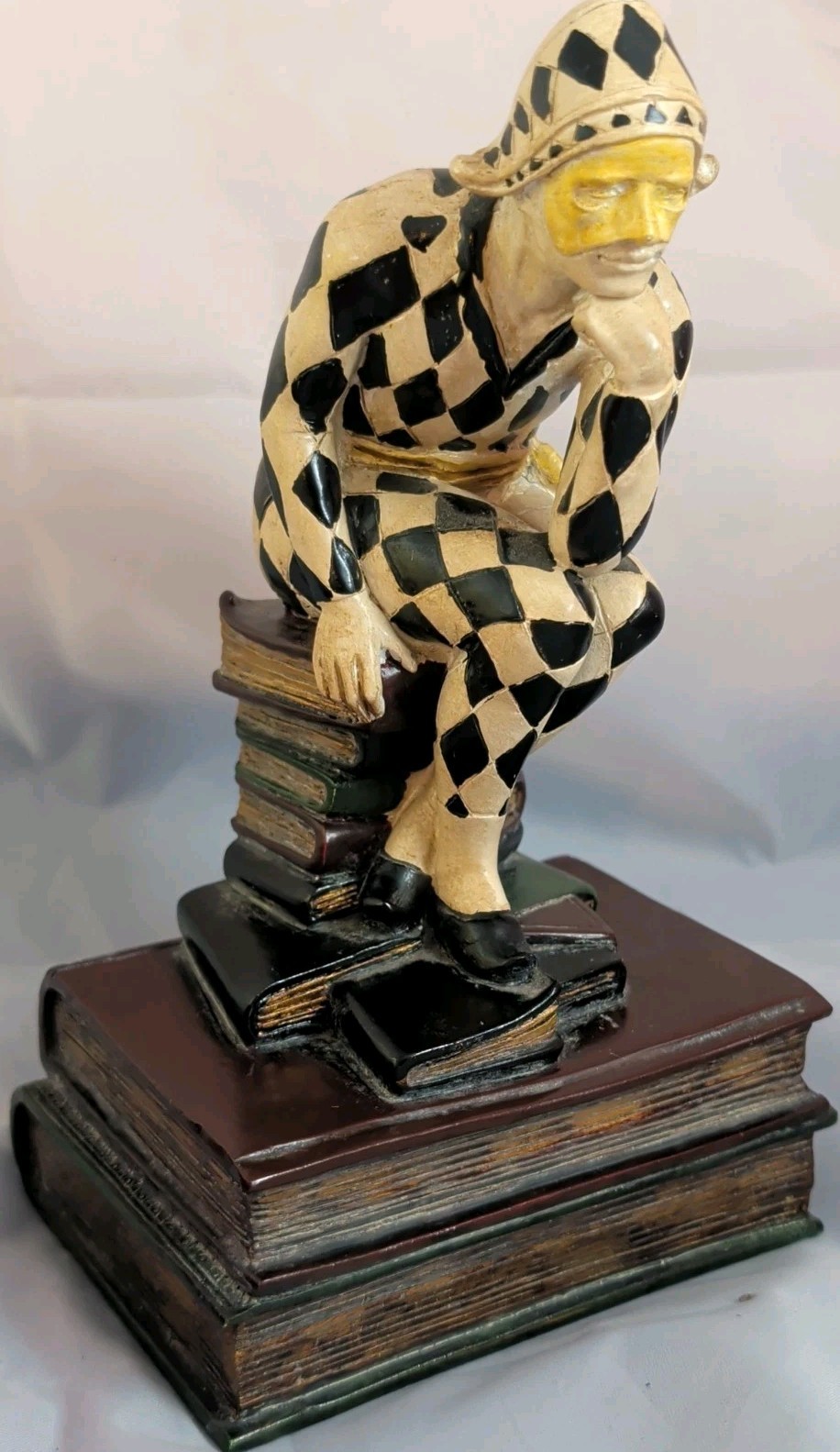 Vintage The Thinker Harlequin Jester Resin Figurine Bookend Handpainted 8