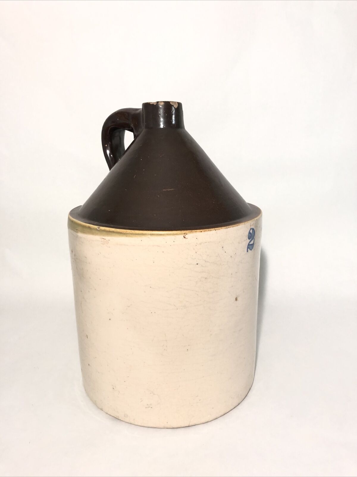 Antique Stoneware #2 Crock Jug W/ Handle- White & Brown 14”x9” Farm House Decor