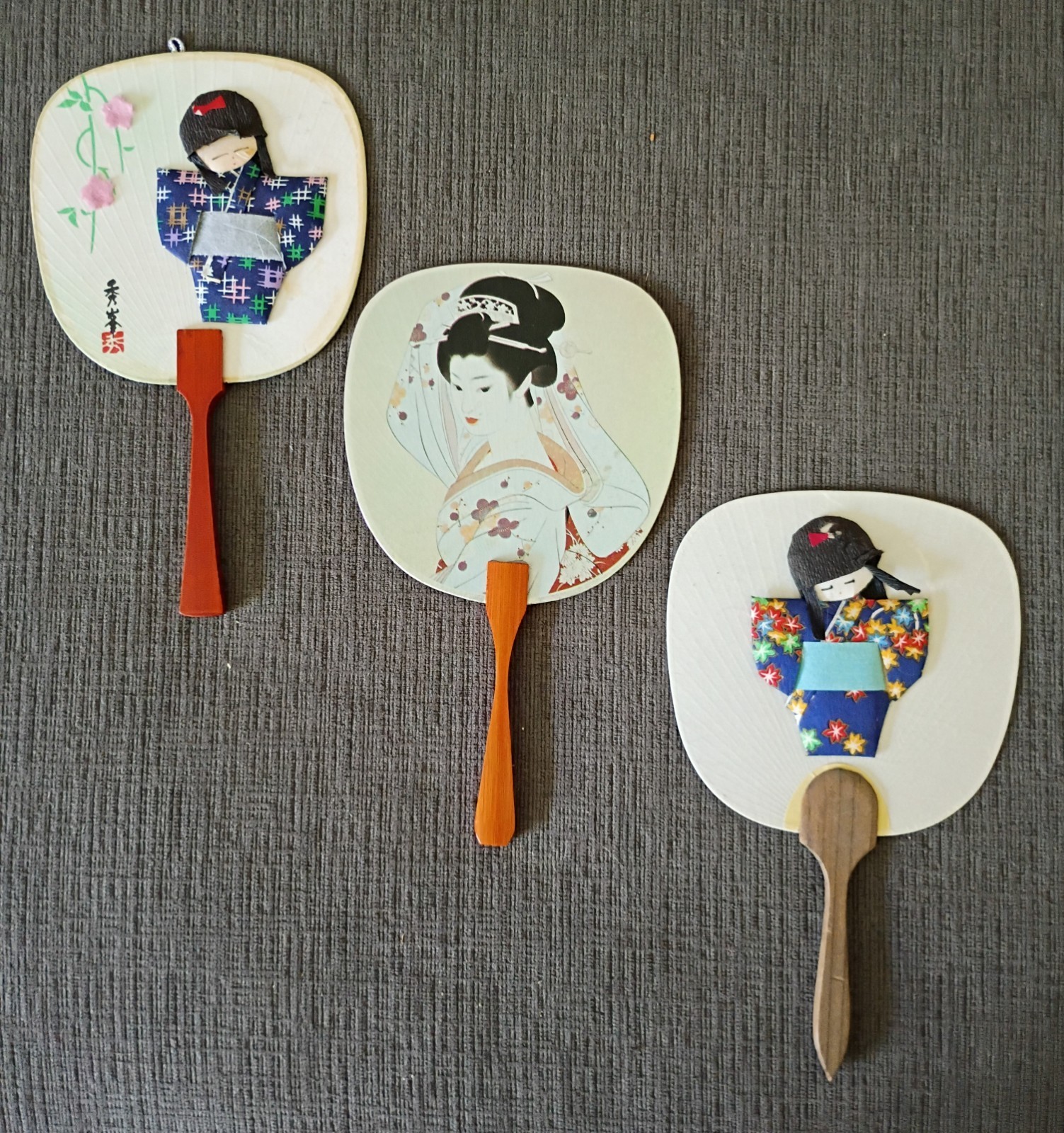Three Vtg. Wood Handle Japanese Paddle Fans