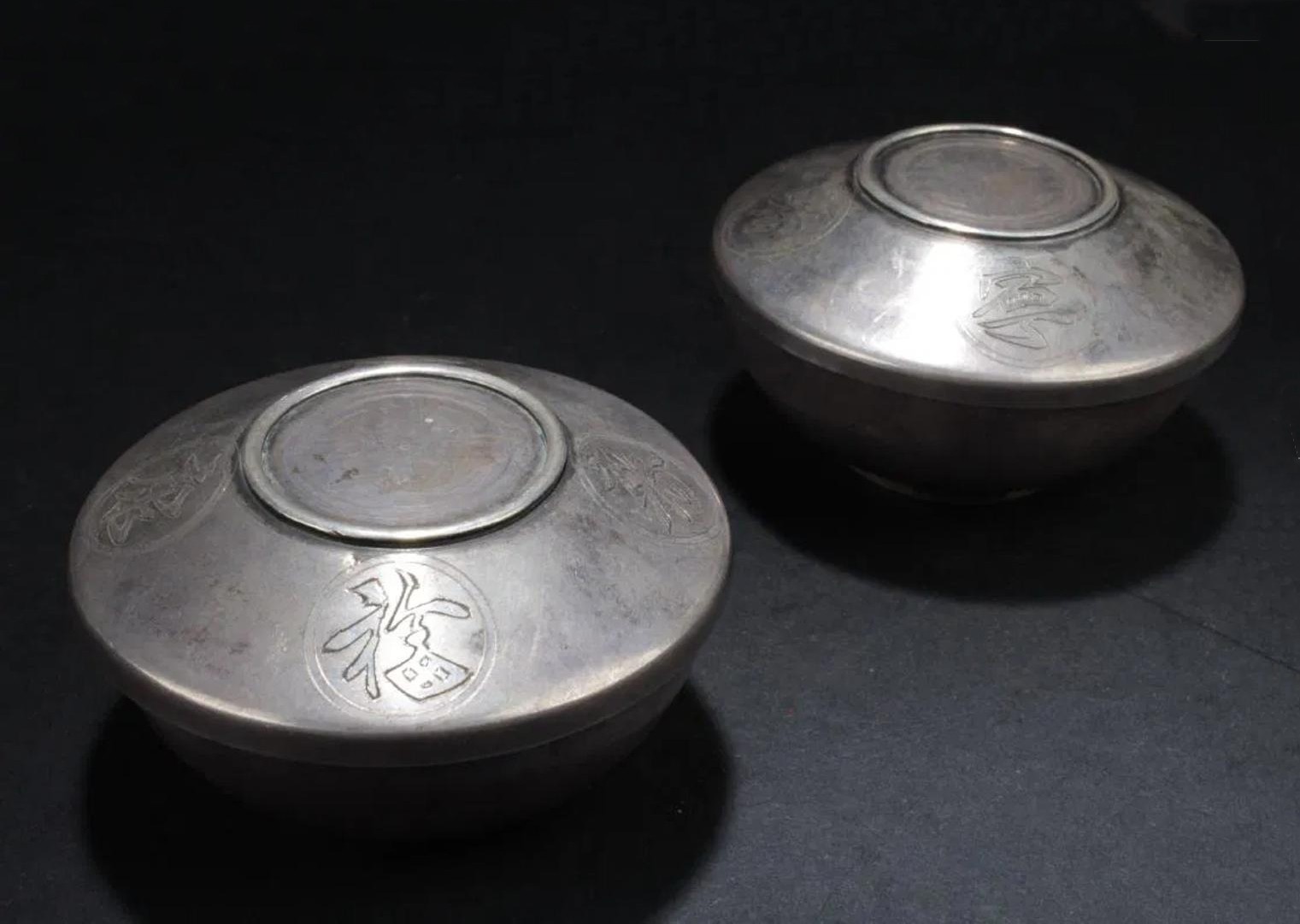 Two Antique Chinese Silver Cups with Lid Cover Two Antique Chinese Silver Cups with Lid Cover