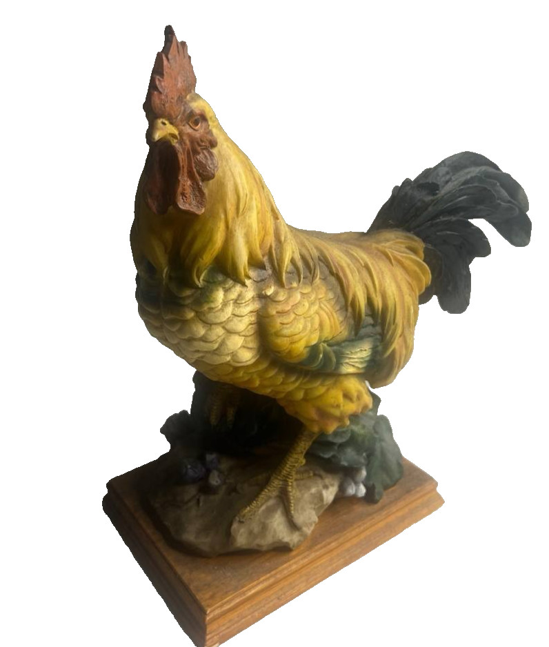 Vintage Resin Rooster Statue Figurine on Wood Base Farmhouse Country 02540505819