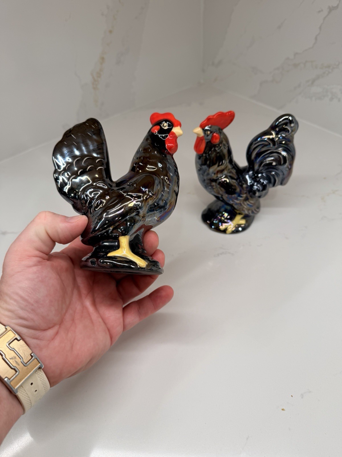 Vtg Iridescent Luster Ceramic Rooster Hen Figurines Pair Hand Painted 6” Alice