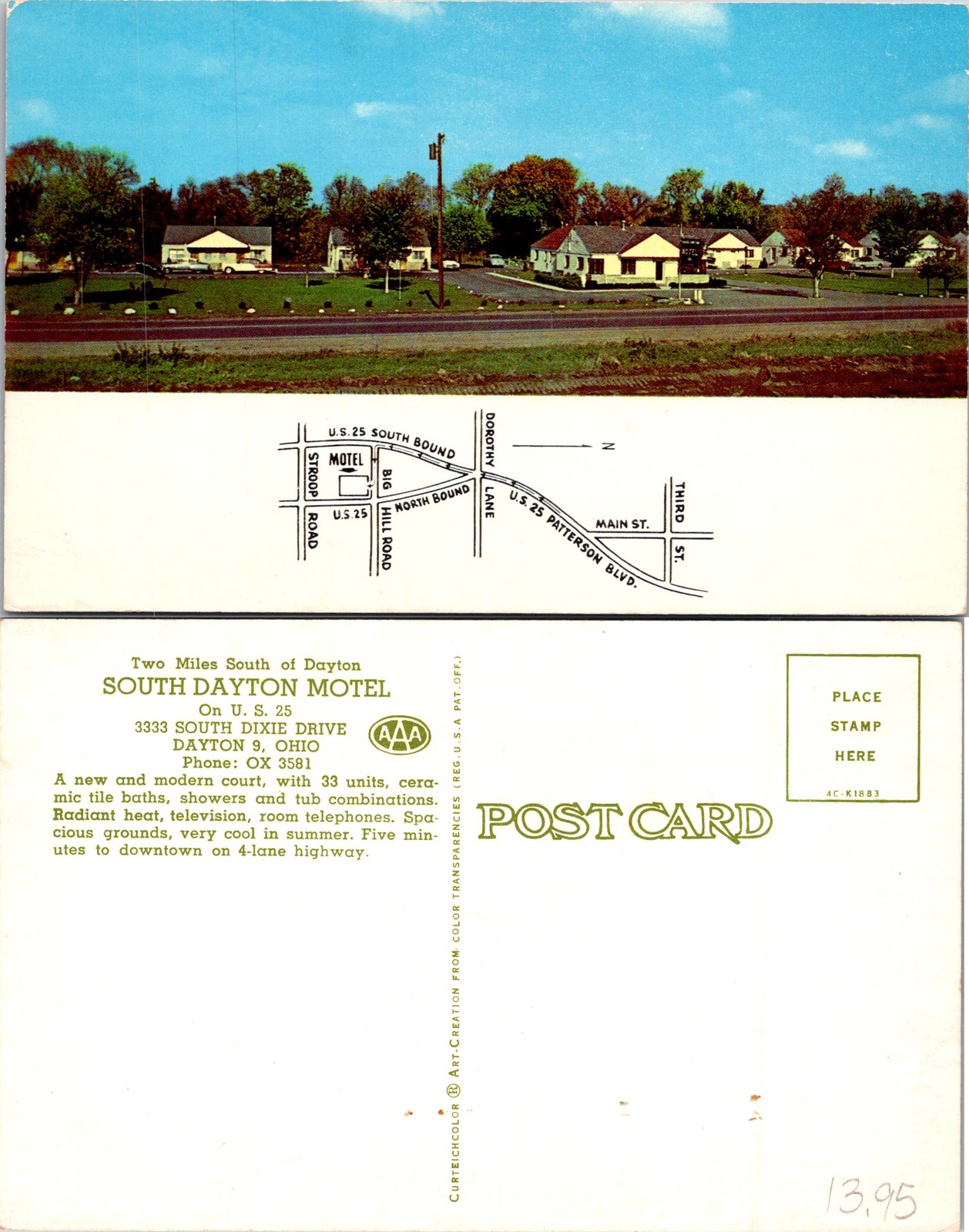 Dayton OH South Dayton Motel, Map, AAA Postcard 72066