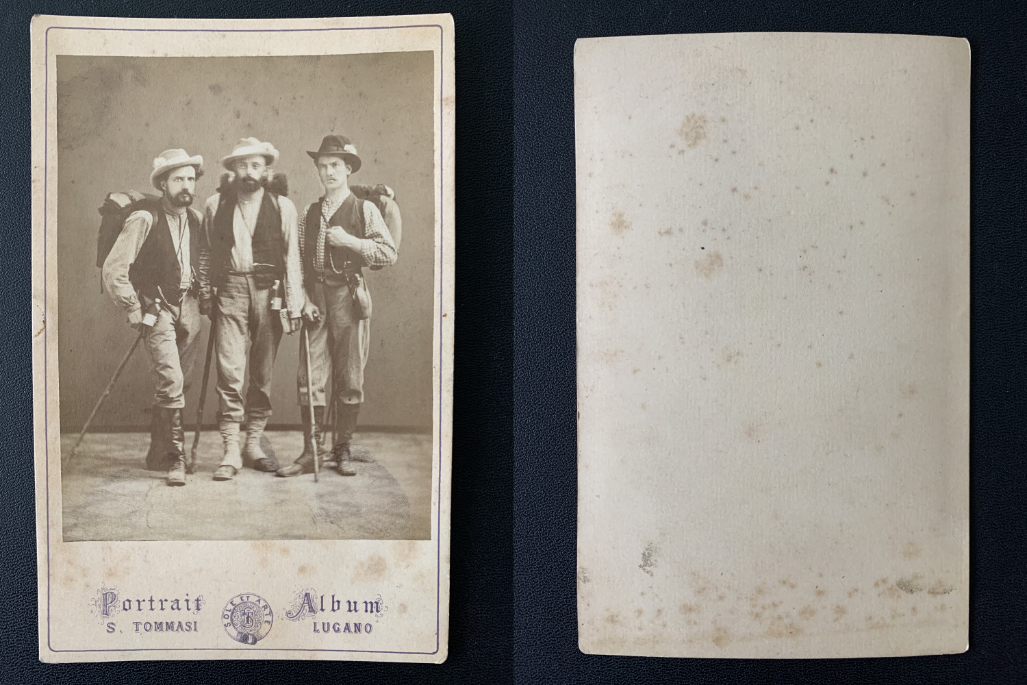 S.Tommasi, Switzerland, Lugano, Portrait of Alpine Hunters Vintage Albumen Print, c