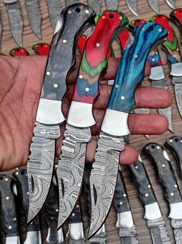 LOT of 50pcs Damascus Steel Hunting Folding Knives, Pocket Knives W/Sheaths USA