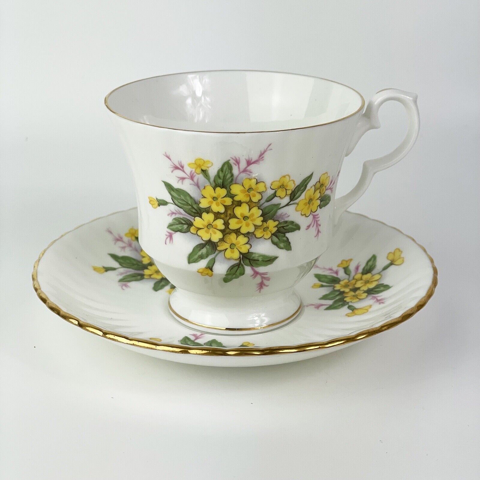 Vtg ROYAL WINDSOR Fine Bone China Tea Cup &Saucer Footed Numbered Yellow Flowers