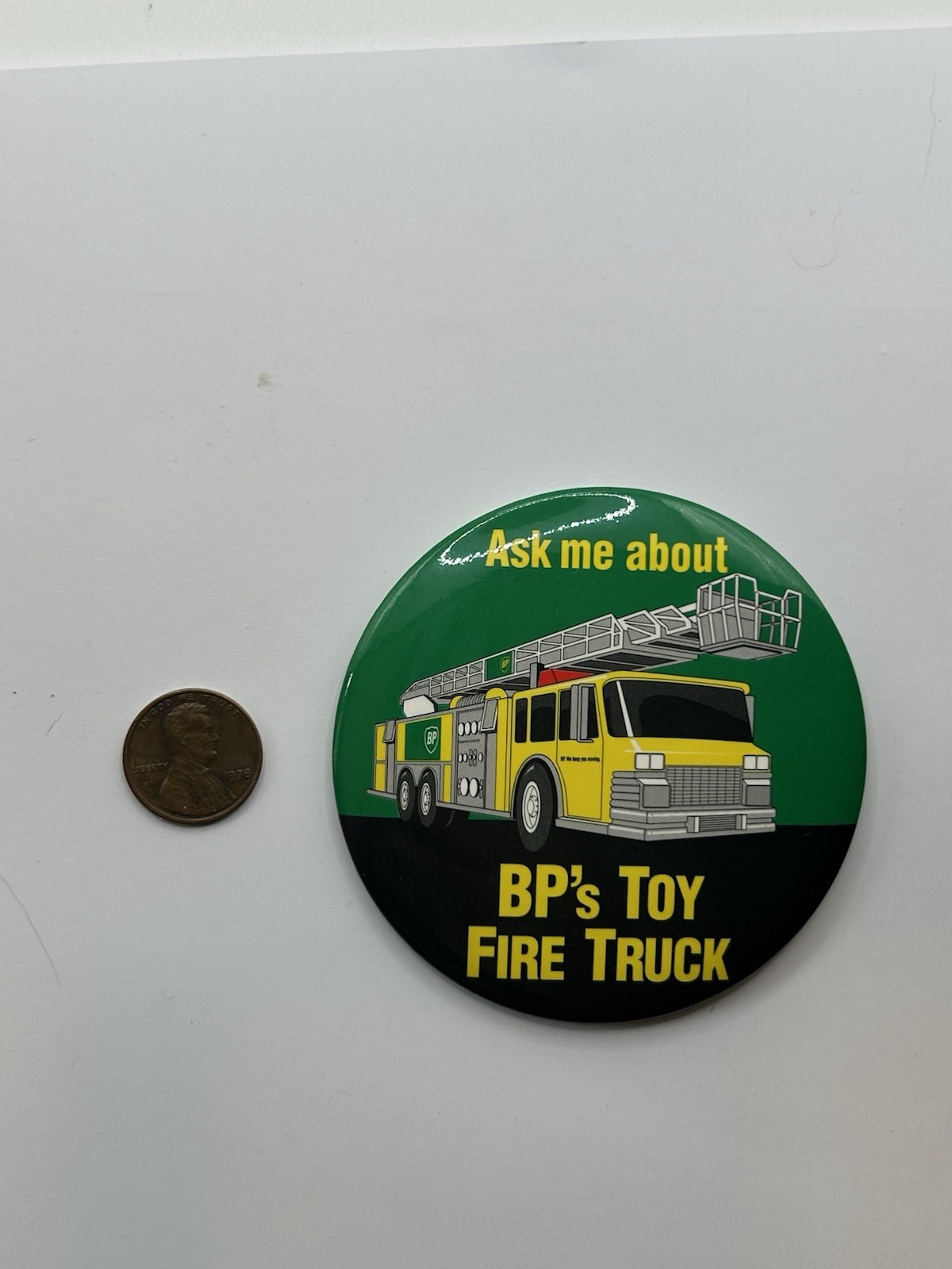 Rare BP FIRE TRUCK CASHIER 3” PINBACK PIN BUTTON