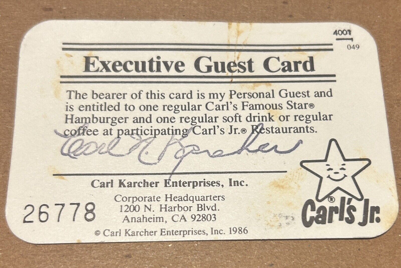 Carls Jr. Executive Guest Card Signed by Carl Karcher - Souvenir Autograph