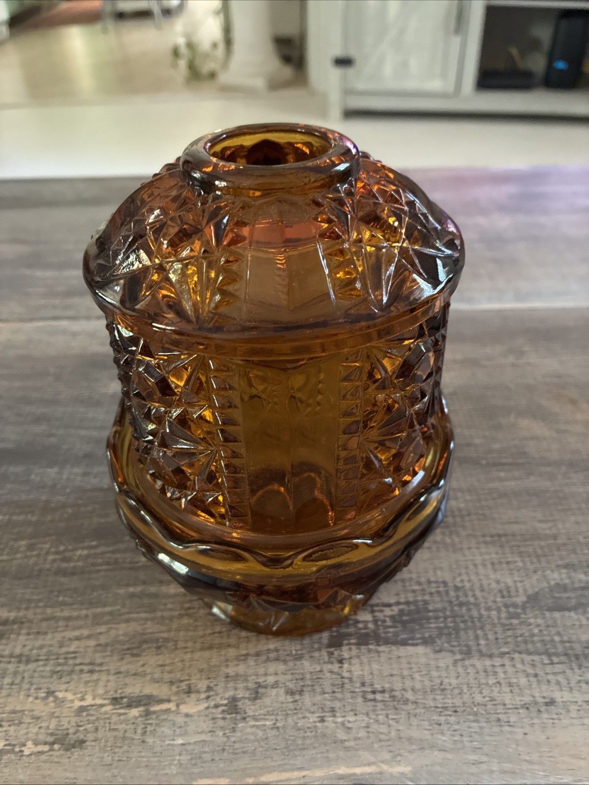 Vintage Indiana Glass Amber Star & Bars Fairy Lamp 1970s (2 Pieces)