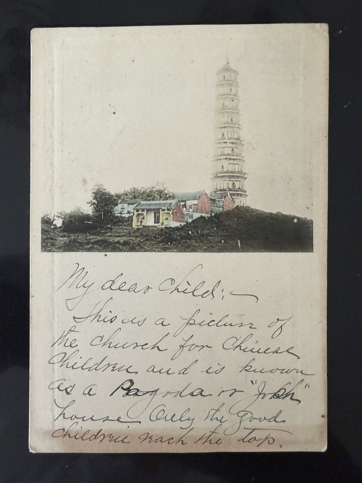 Antique c1900 China Missionary Postcard Chinese Children’s Church Pagoda RPPC