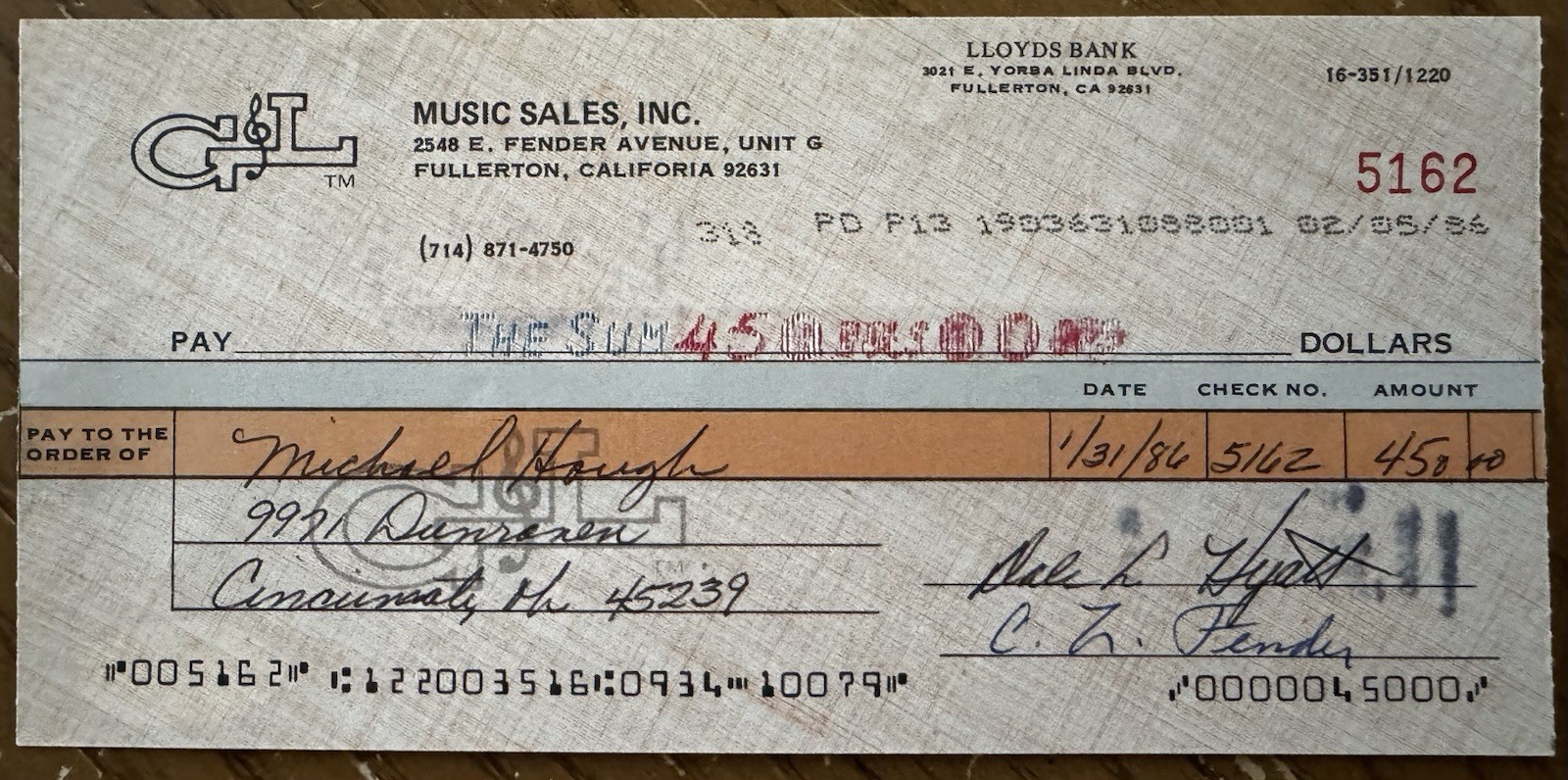Leo Fender Signed 3.25 X 7.5 Lloyd’s London Bank Check JSA COA FENDER Van Halen
