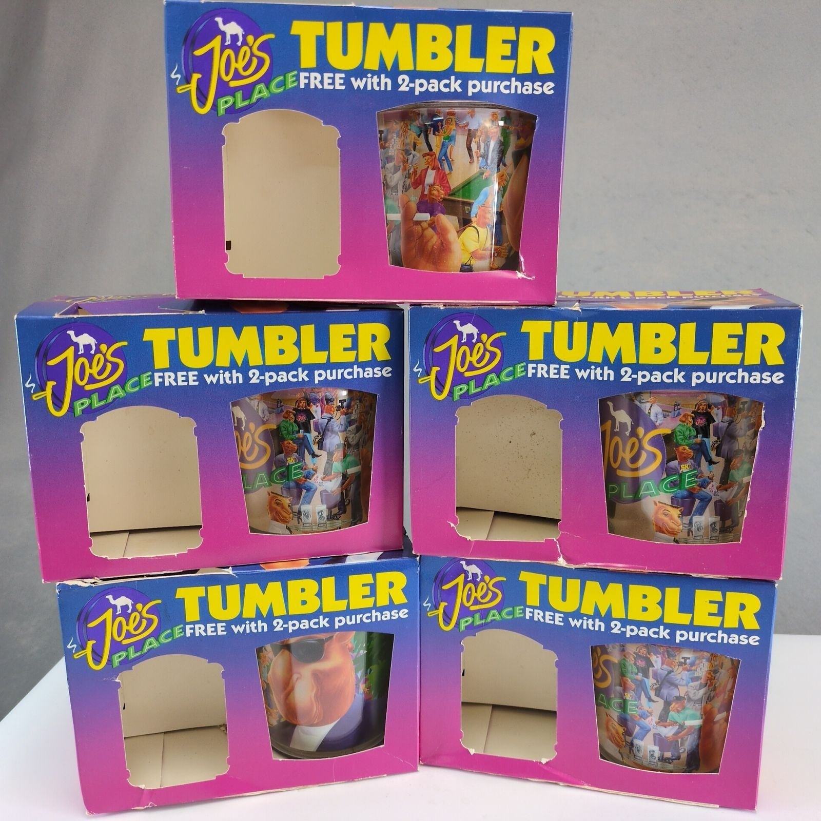 Vintage 1994 Joe Camel Joe\'s Place Promo Plastic Tumbler Set of 5 Original Boxes