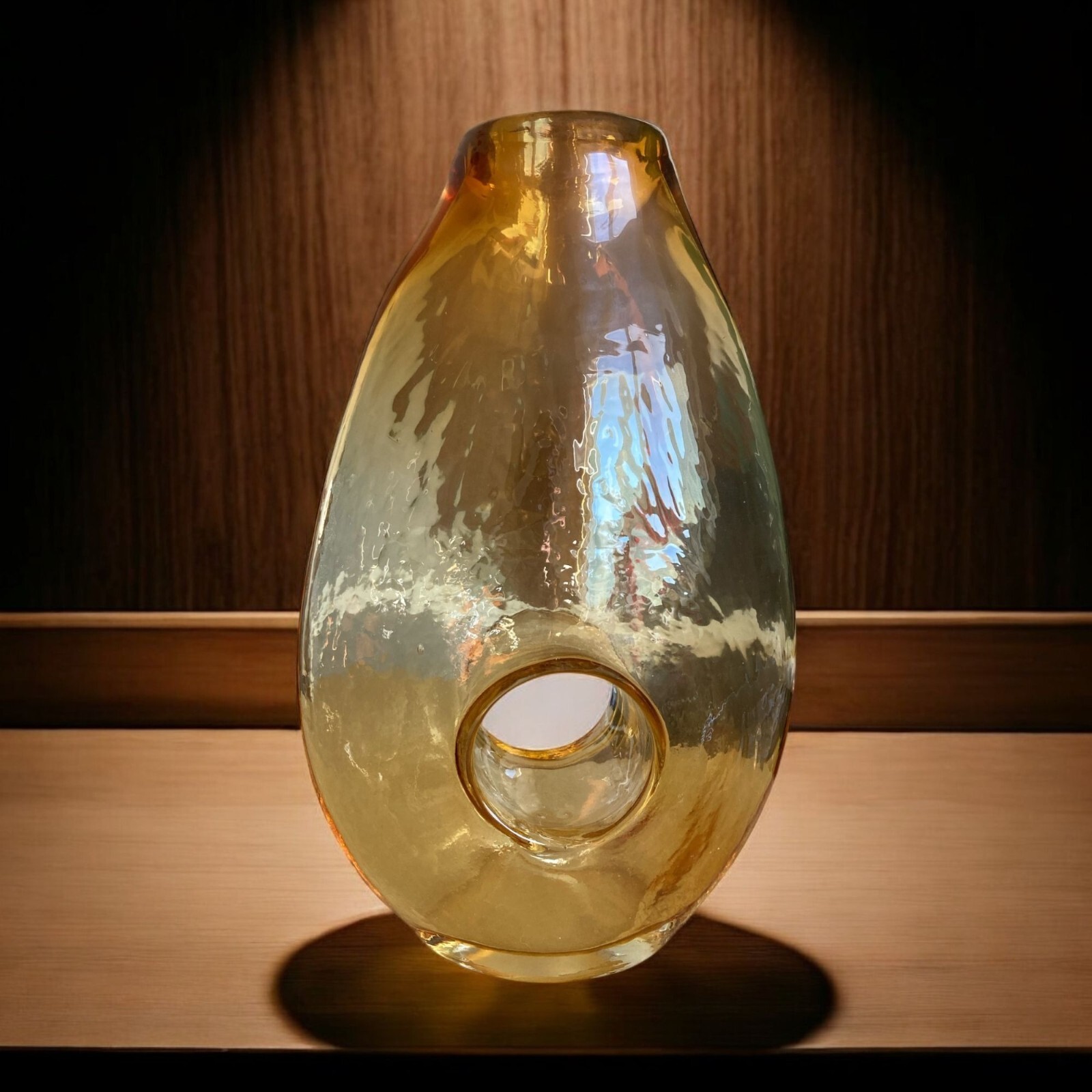 Amber Glass Art Vase With Unique Cutout Design