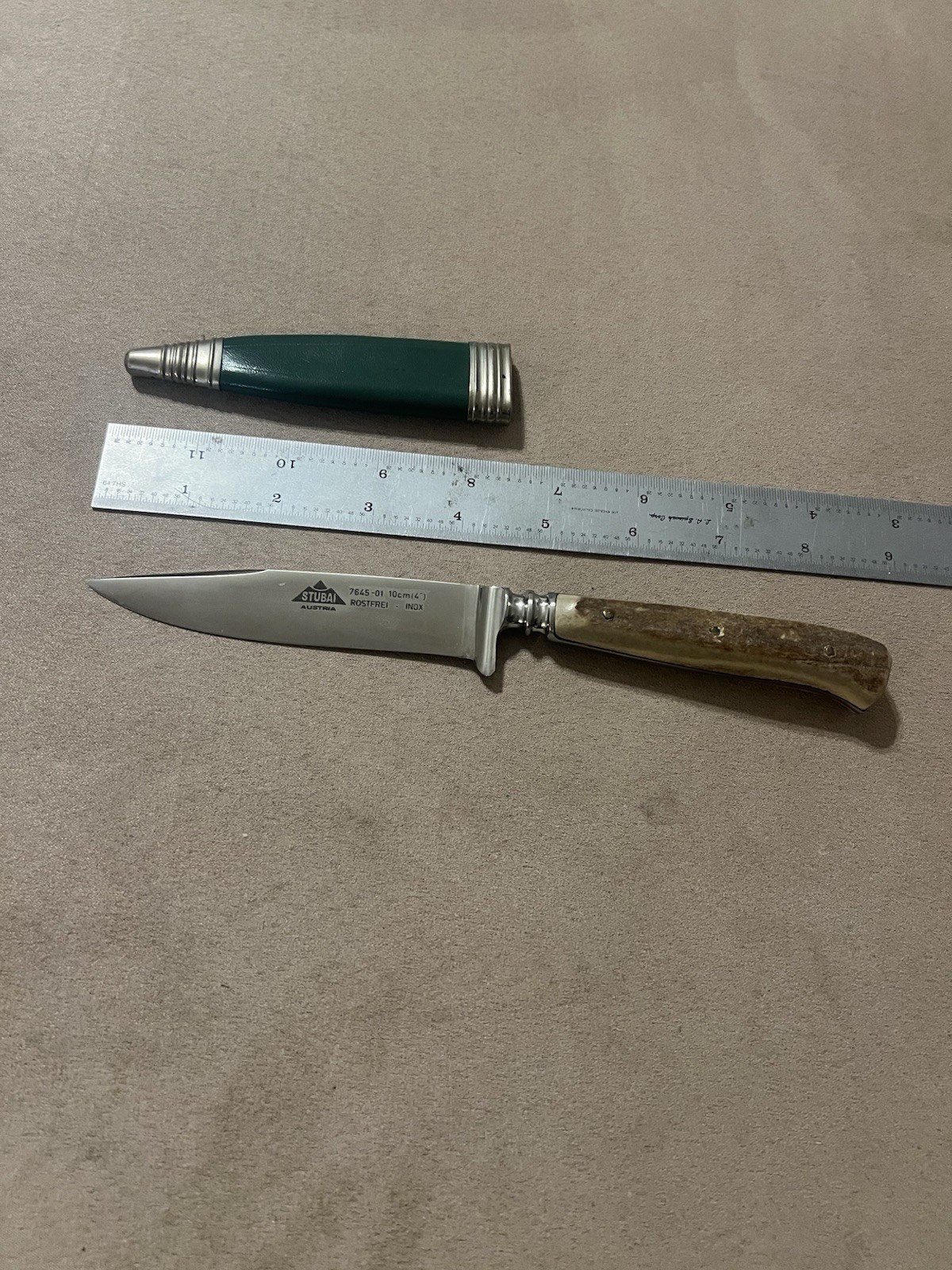 Vintage Stubai Jagdnicker Stag Knife with Original Green Sheath Austria