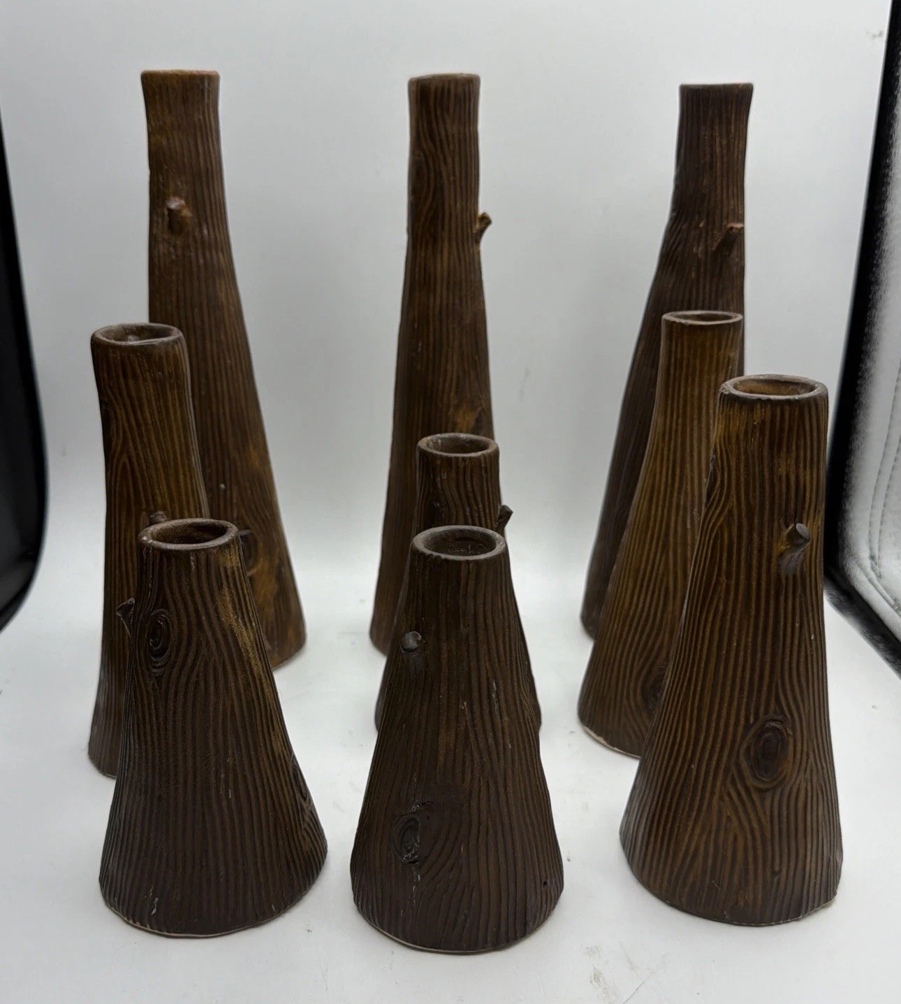 Vintage Faux Bois Ceramic Tree Trunk Candle Holders Set of 9 Graduated MCM