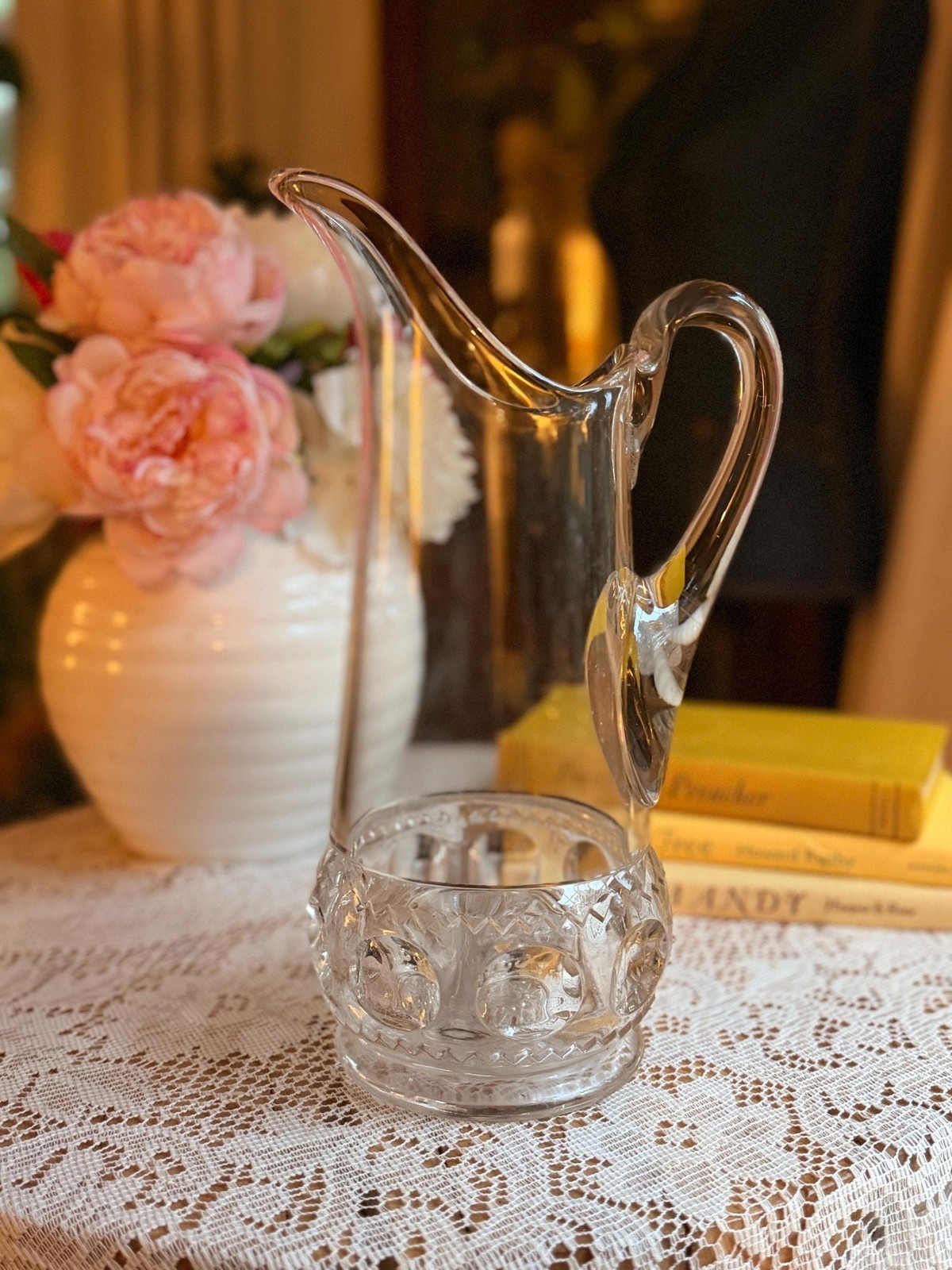 Vintage Clear Cut Glass Pitcher | Elegant Hand Blown Art Glass Water Carafe