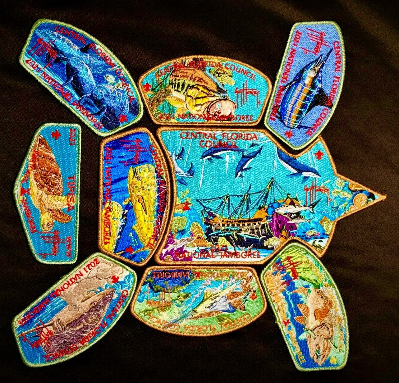 BSA CENTRAL FLORIDA OA 326 2021 BOY SCOUT JAMBOREE 2026 9-PATCH FISH GUY HARVEY