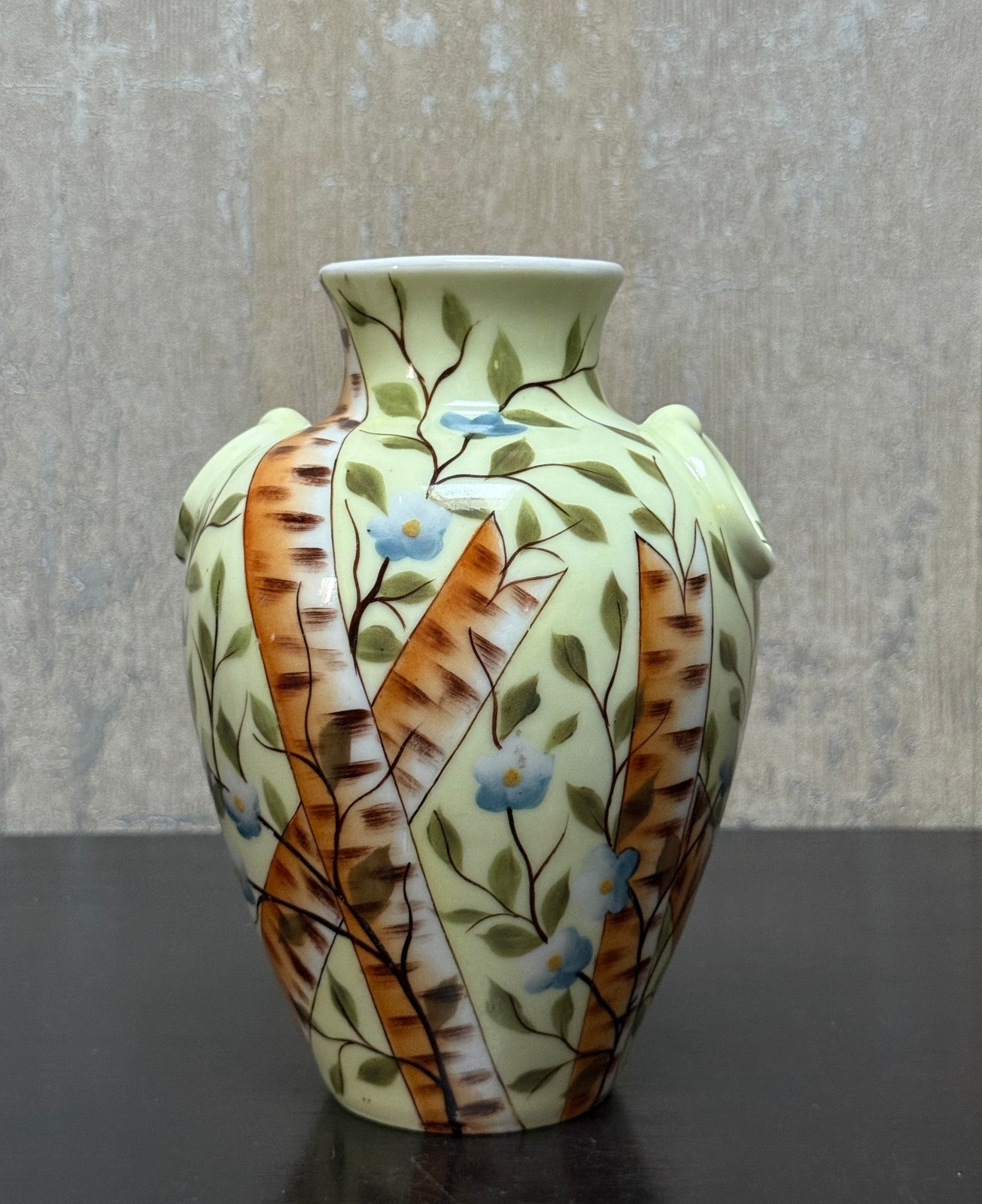Antique Robert Hanke Bohemia Porcelain Pitcher Vase Art Nouveau Birch Tree Depon