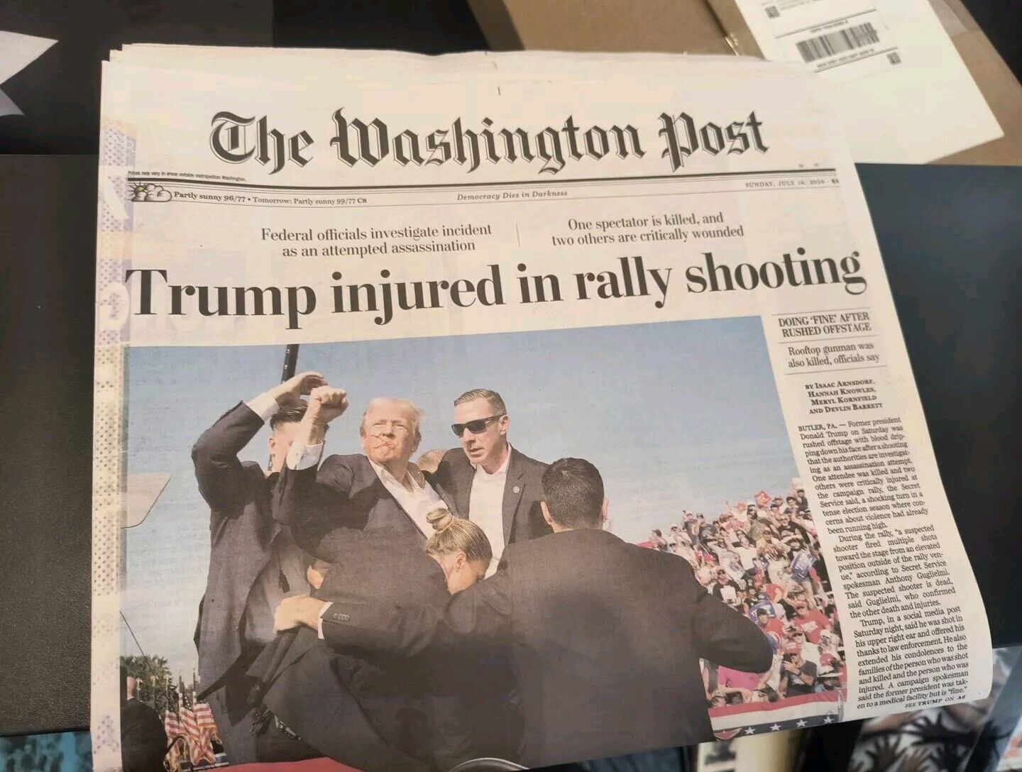 The Washington Post Sunday July  14 2024 Trump Injured in Rally Shooting 