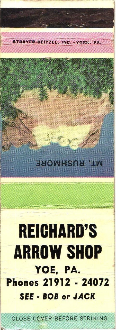 Reichard\'s Arrow Shop Yoe PA Vintage Matchbook Cover 1950s Mt Rushmore