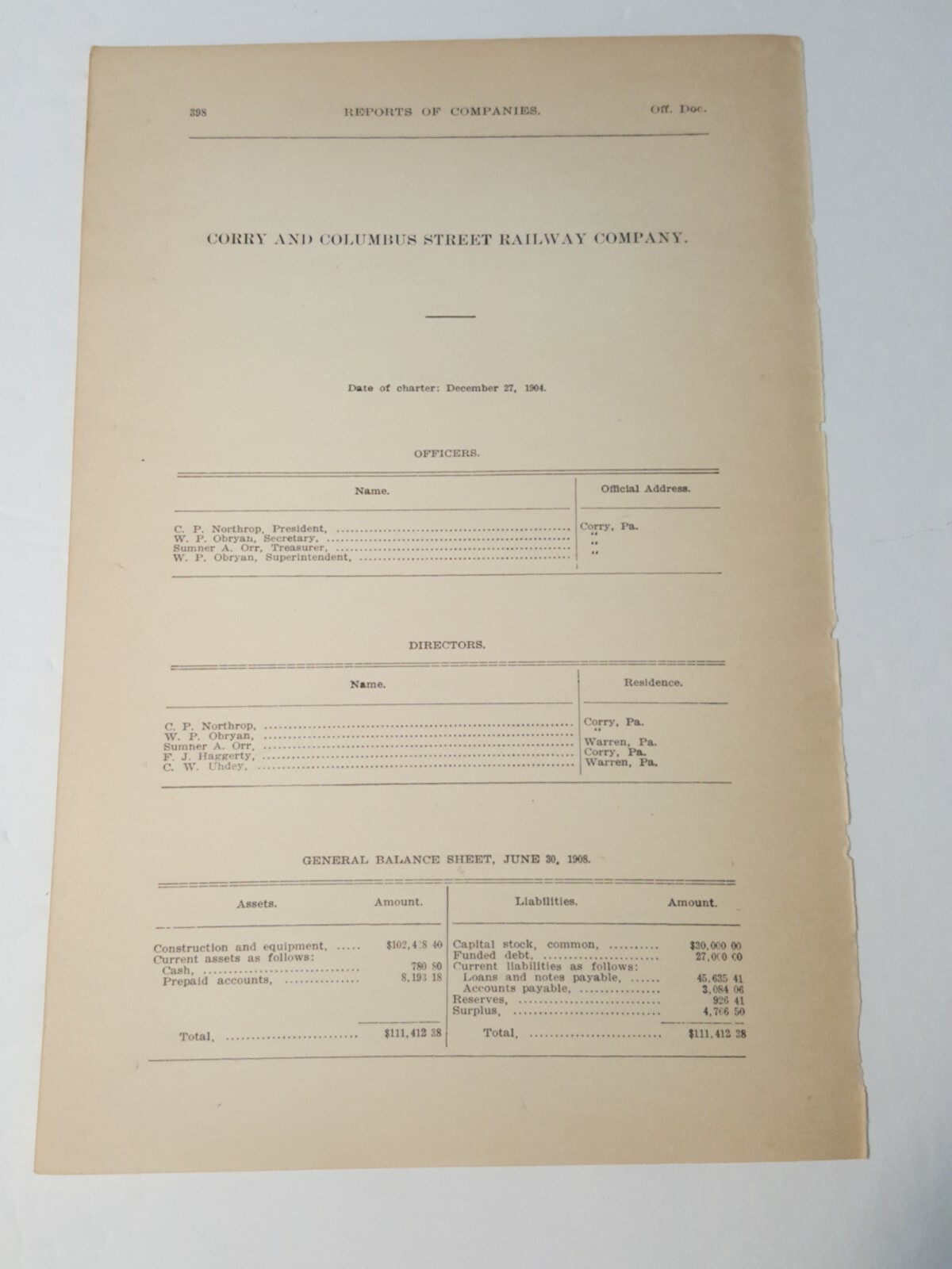1909 RR document CORRY & COLUMBUS STREET RAILWAY trolley streetcar CORRY PA 
