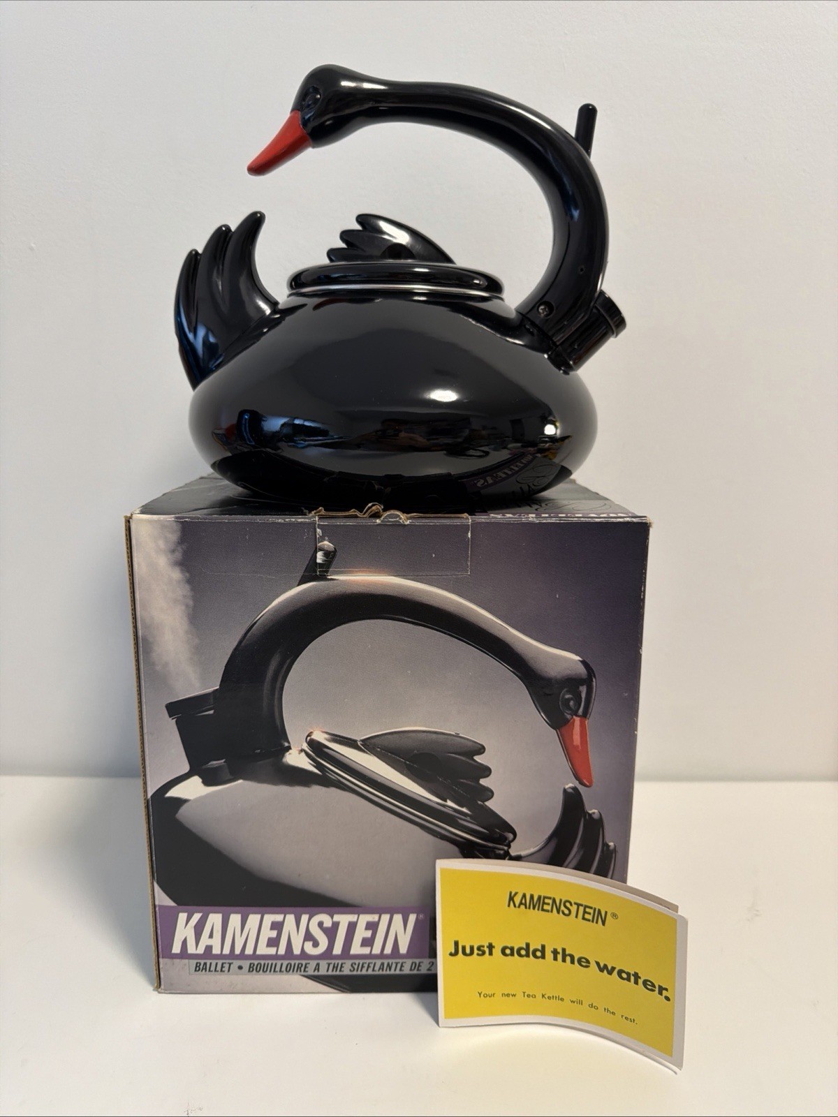 Vintage 90s KAMENSTEIN BLACK SWAN Whistling Tea Kettle Enamel Teapot VERY RARE