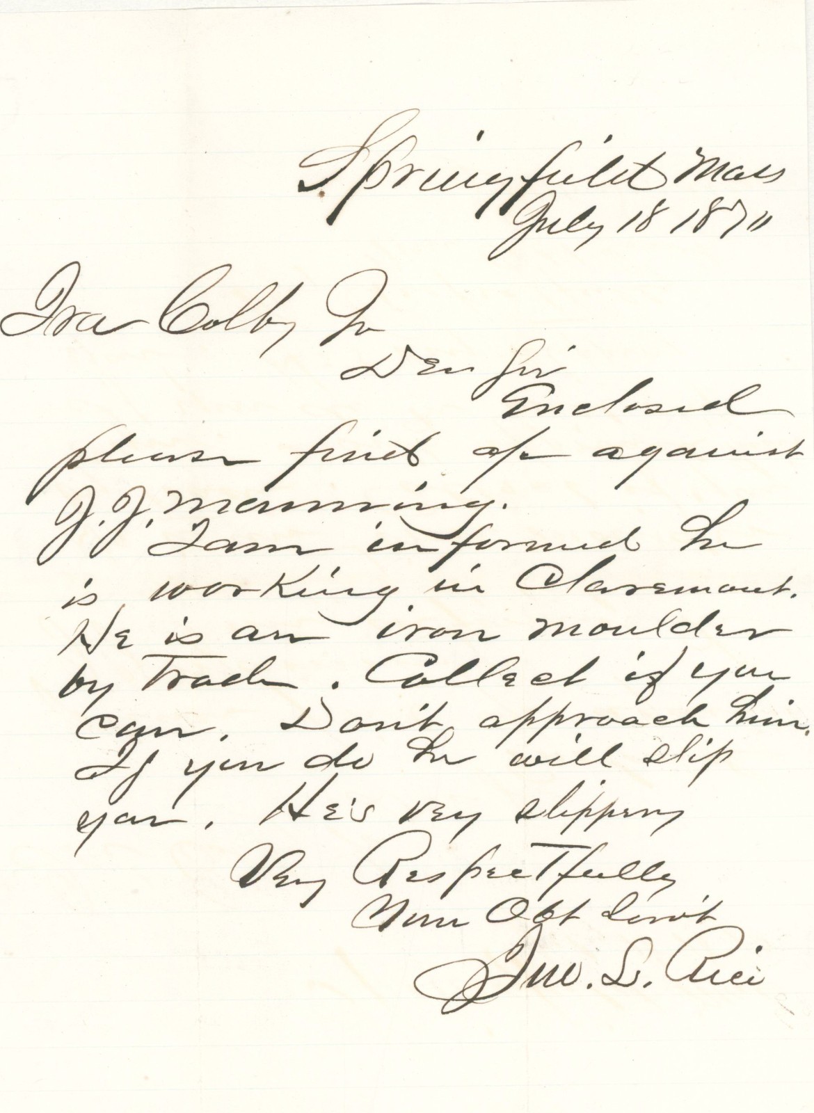 1871 Springfield MA Handwritten Debt Collection Letter Iron Moulder J J Manning