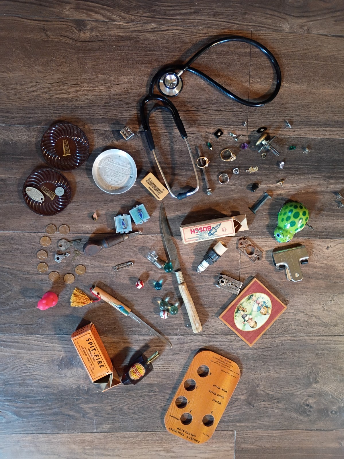Grandpas & Grandmas Junk Drawer Rings Sterling Tools Keys Vtg Car Parts Marbles