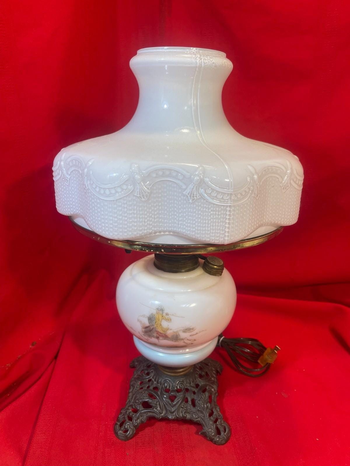 Antique Oil & Electric Table Lamp Aladdin Shade Queen Anne 2 Burner Glass Font