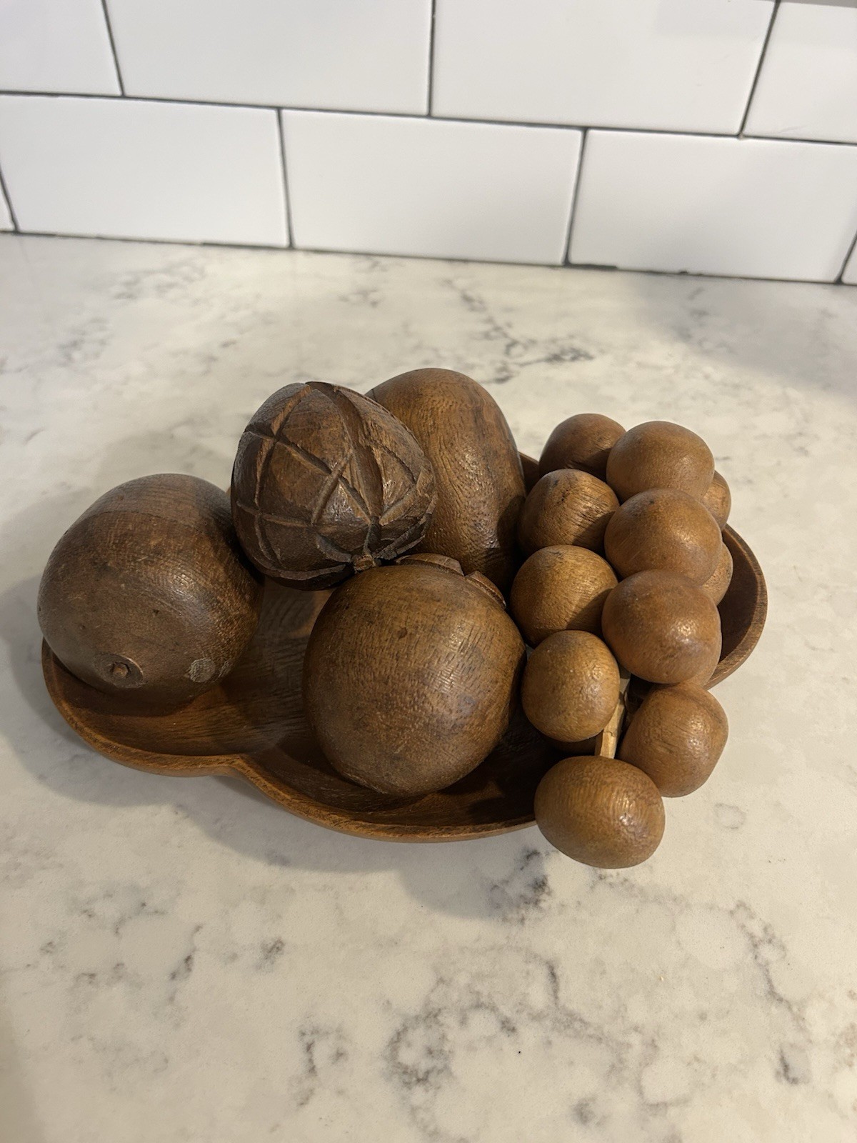 Vintage Carved Wood Fruit Bowl Set Grapes Pears Rustic Kitchen Decor MCM