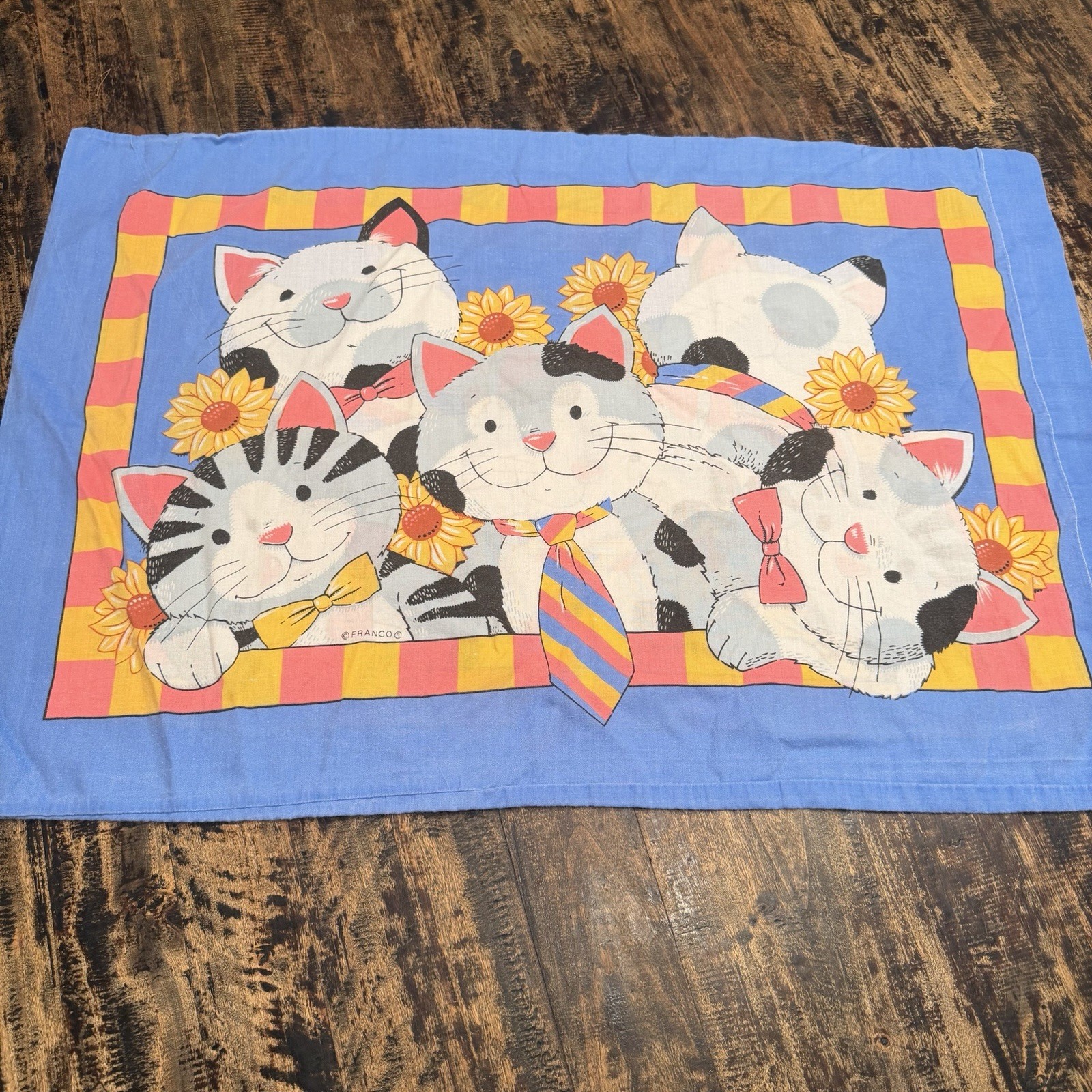 VTG Franco Cat Pillowcase Sunflowers Checkered Blue Standard Novelty Bedding 90s
