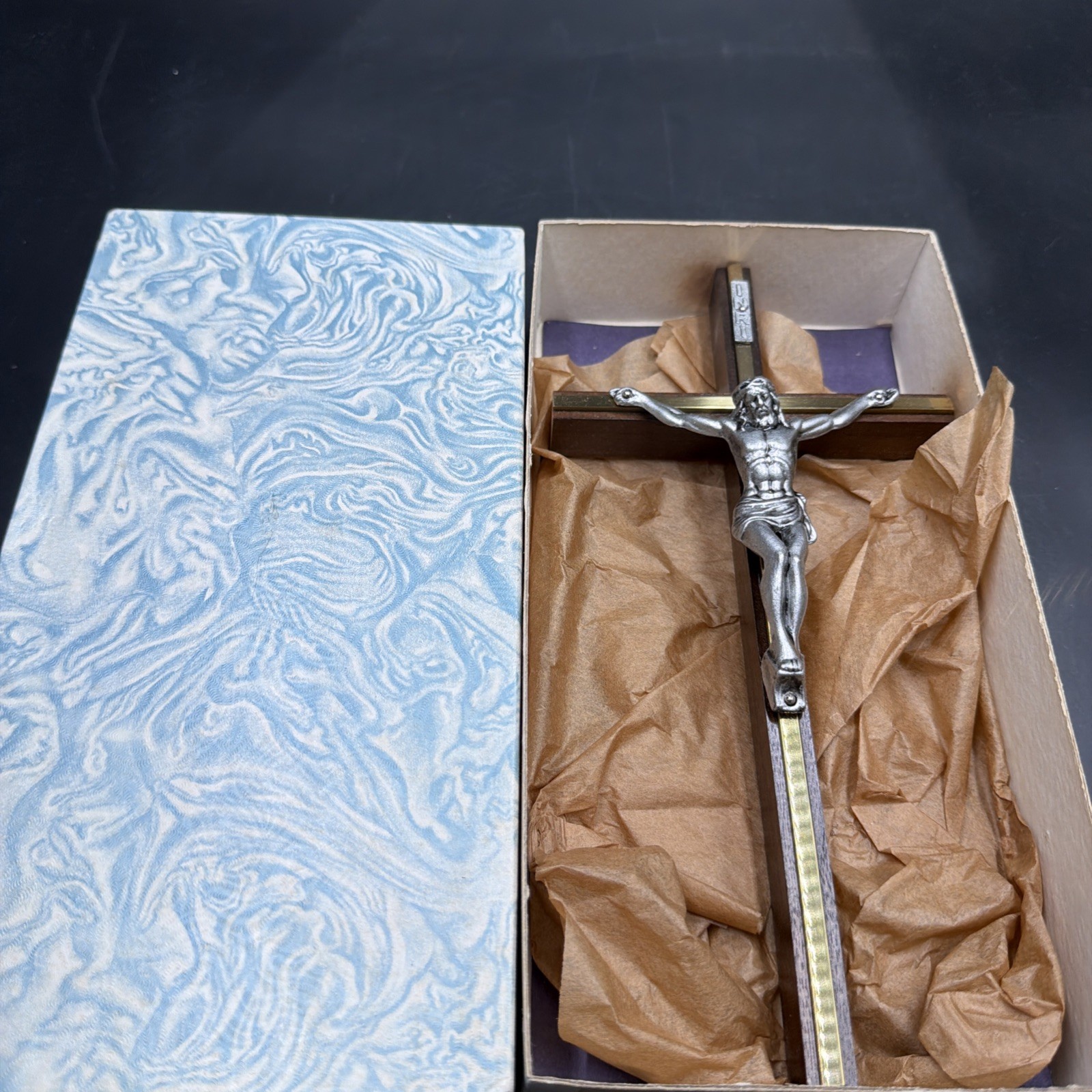 Vintage Wood-Metal Cross Jesus INRI Crucifix 10 inches tall with Box Wall Mount