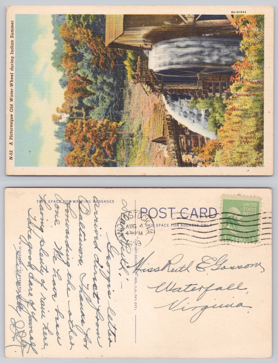 Vintage Postcard Woodstock VA Old Water-Wheel Waterfall Indian Summer 1939