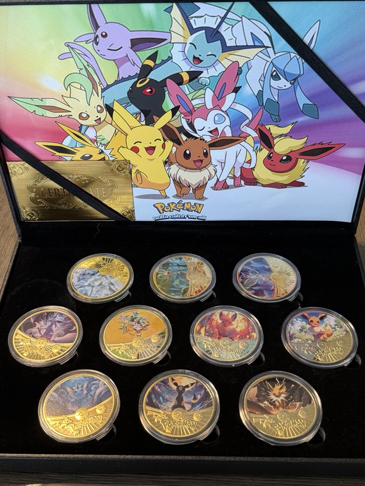 Gold Plated 10 PC Pokémon Collector Coin Set. Eveelutions Evee. Display Case