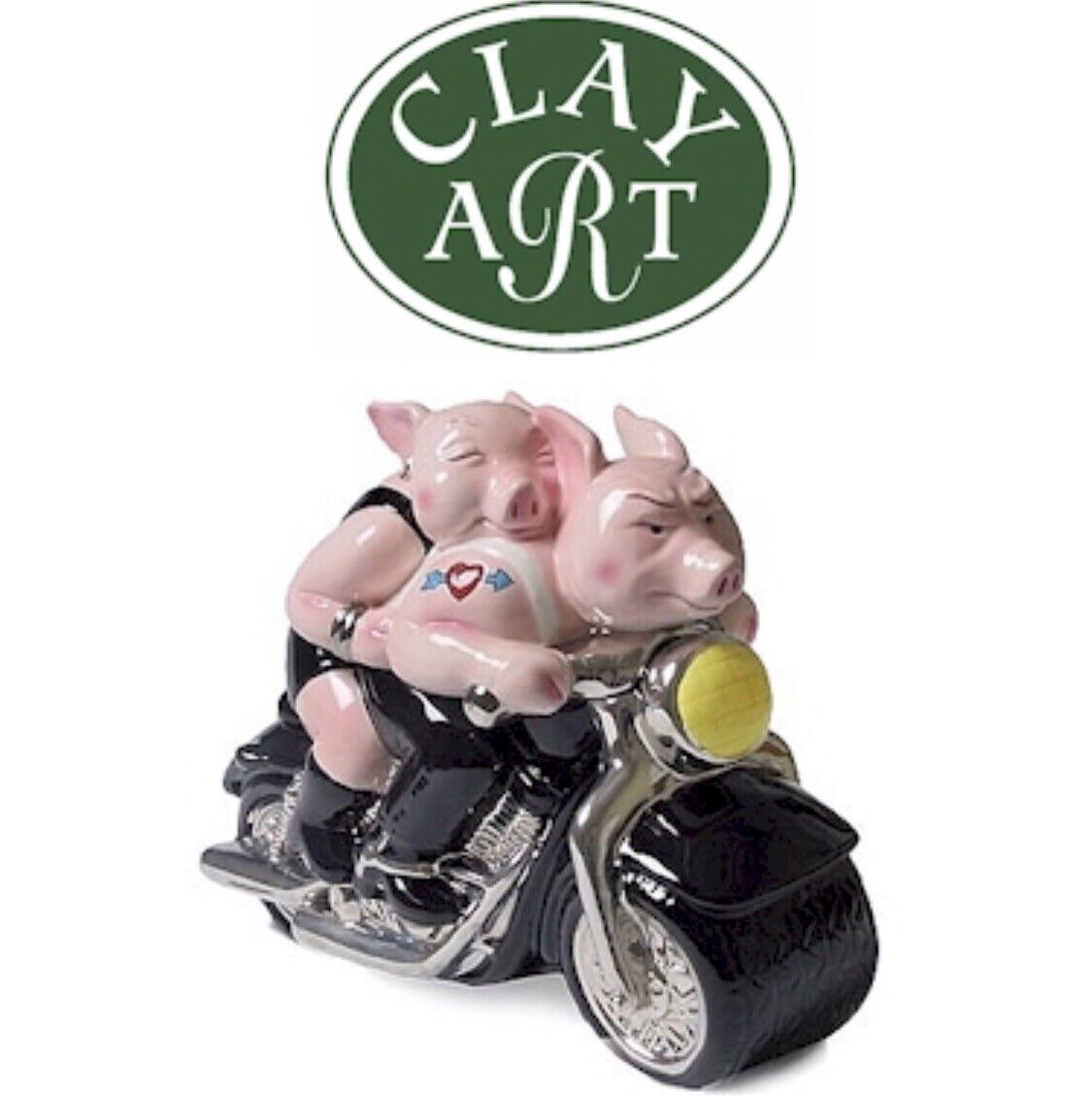 Clay Art Salt and Pepper Shaker Hogs Pig on a Motorcycle Collectible Kitchen NEW