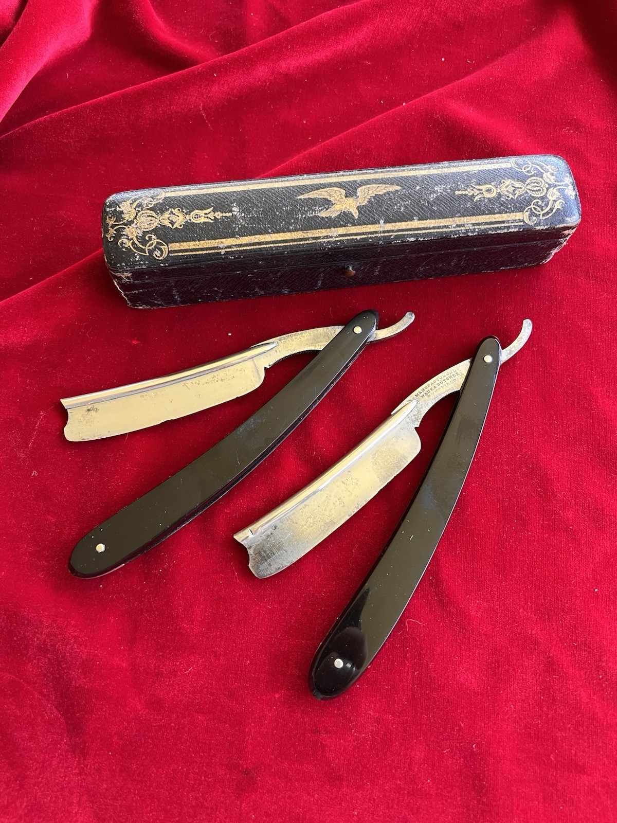 Antique Wade & Butcher Two Day Cased Frameback Straight Razor Set PATRIOTIC