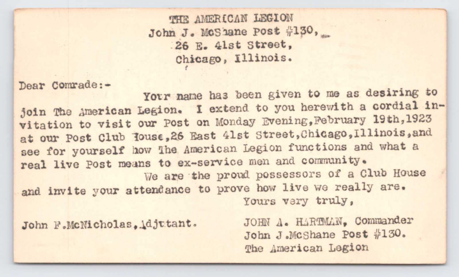 1923 American Legion John J McShane Post 130 Postal Card Chicago IL WWI Veterans
