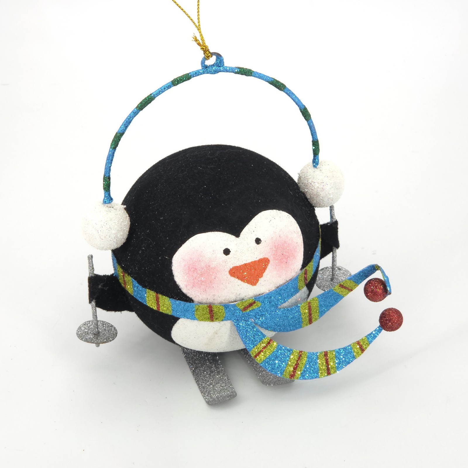Pier 1 Imports Penguin Ski Christmas Ornament Glitter Earmuffs Scarf 5 Inch