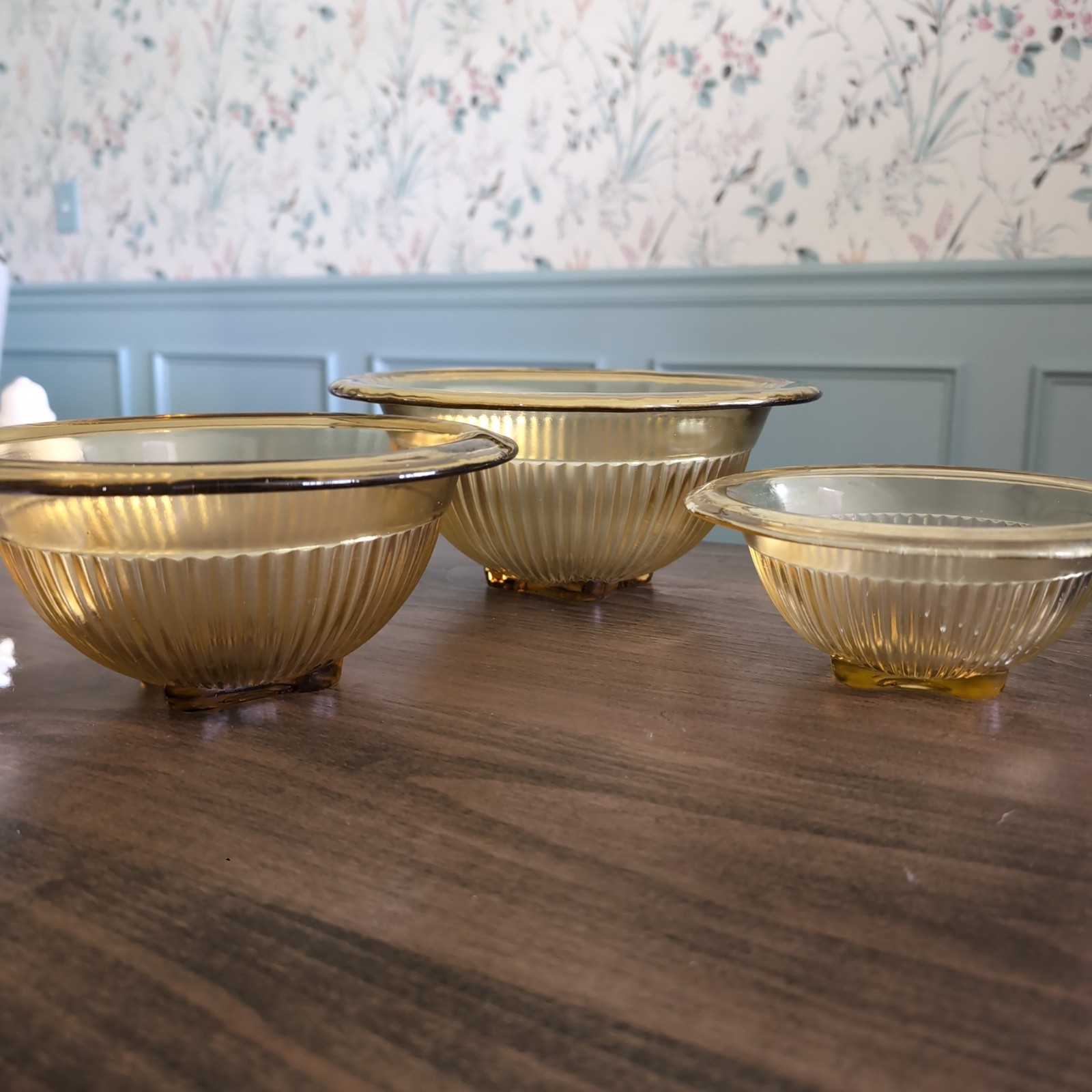Federal Glass Golden Glow Ribbed Nesting Bowls Depression MCM Mid Century