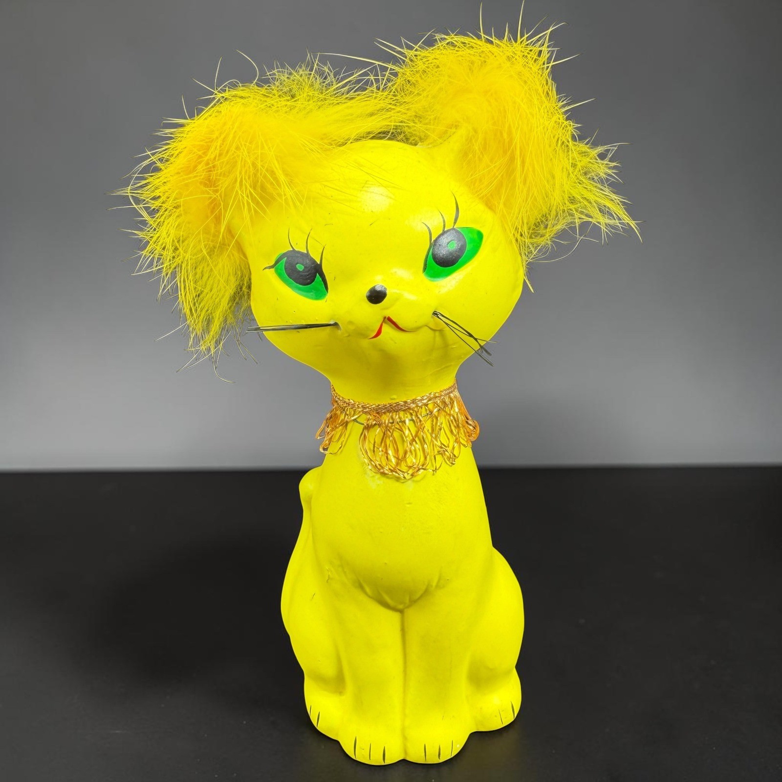 Vintage Norleans Japan Yellow Cat Figurine Feather Ears Mid Century Kitsch 5in