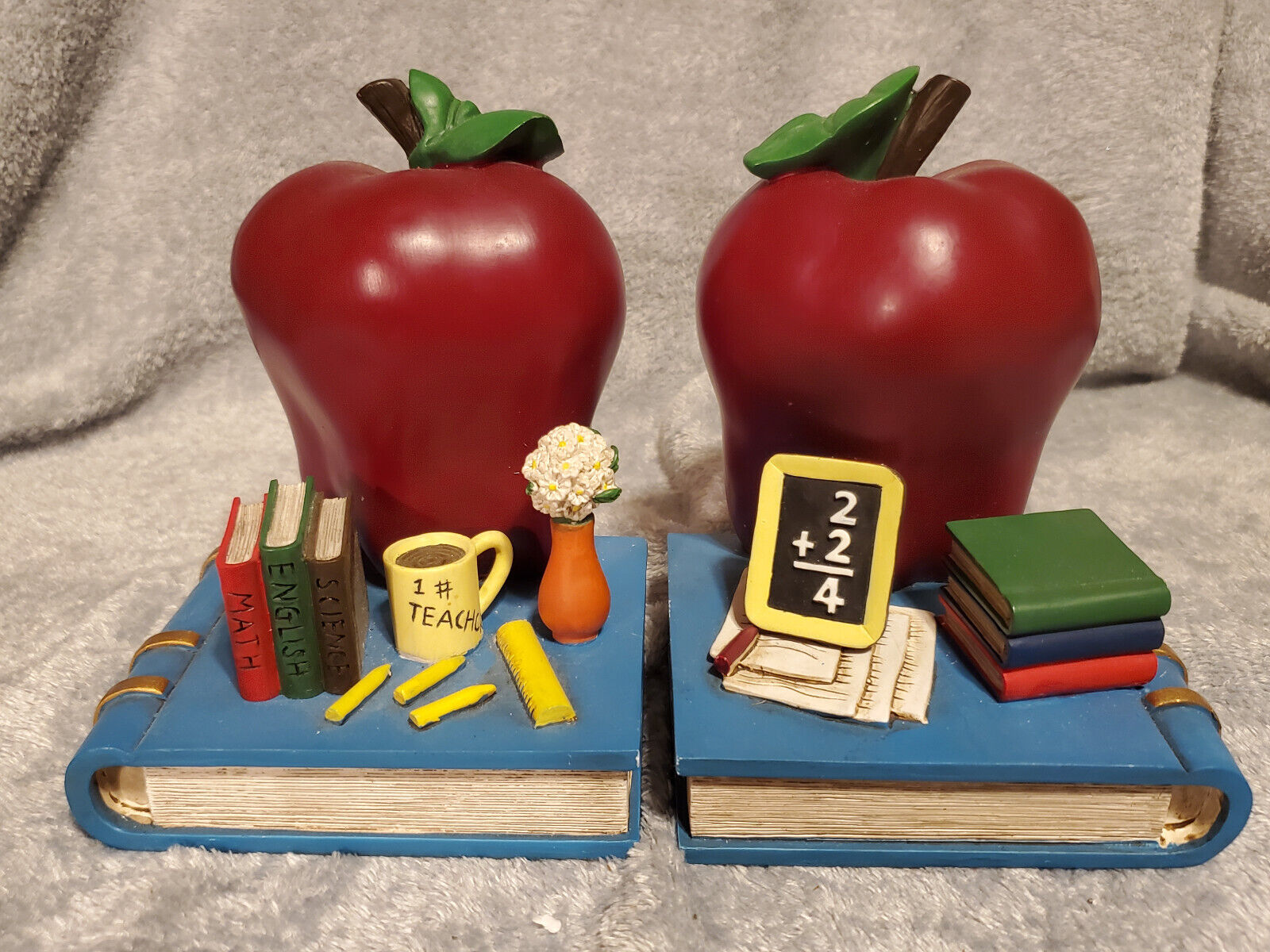 Pair Of Split Apple On Books Bookends Teacher Mini Chalkboard 6 Inches Tall
