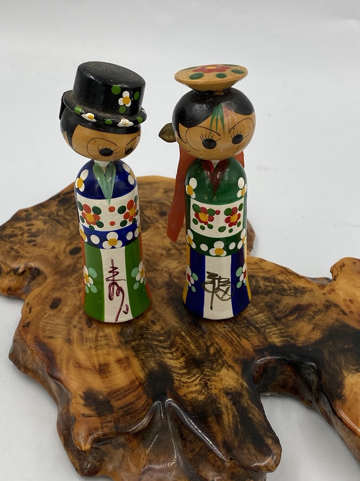 Vtg MCM Kokeshi BOBBLEHEAD/Nodder DOLL Pair JAPANESE Wooden YAJIRO Folk ART 3.5”