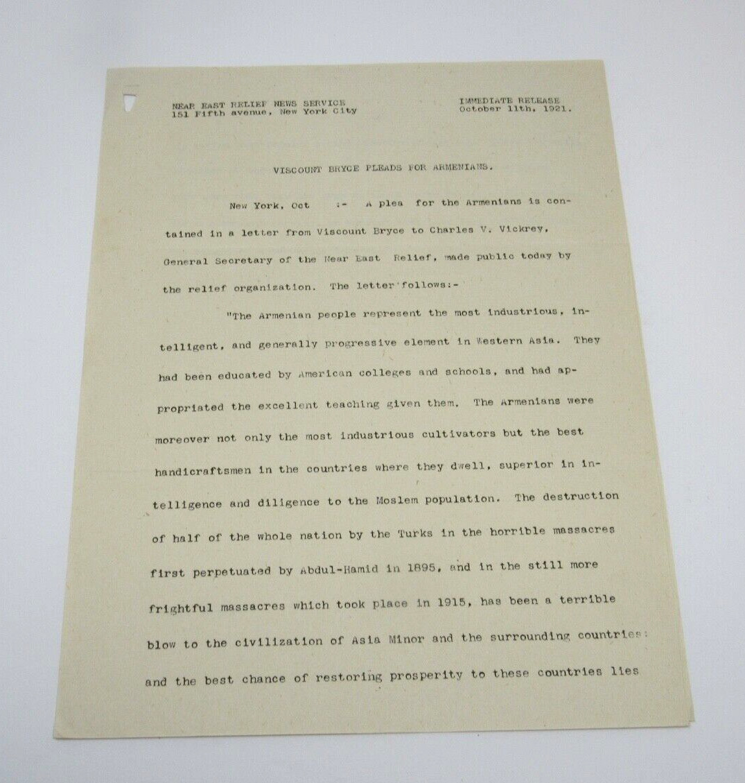 Armenian Genocide Near East Relief Press Release 1921 Viscount Price Plea ORIG
