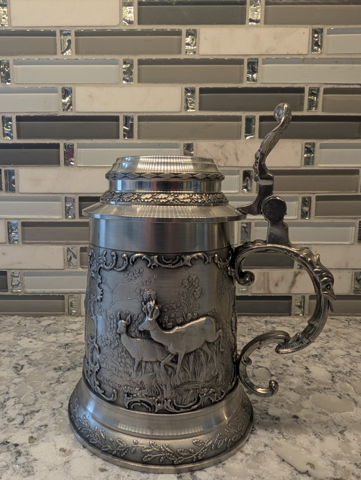 Artina SKS Zinn 95% Pewter Beer Stein Deer Wildlife Hunter German Lidded Tankard