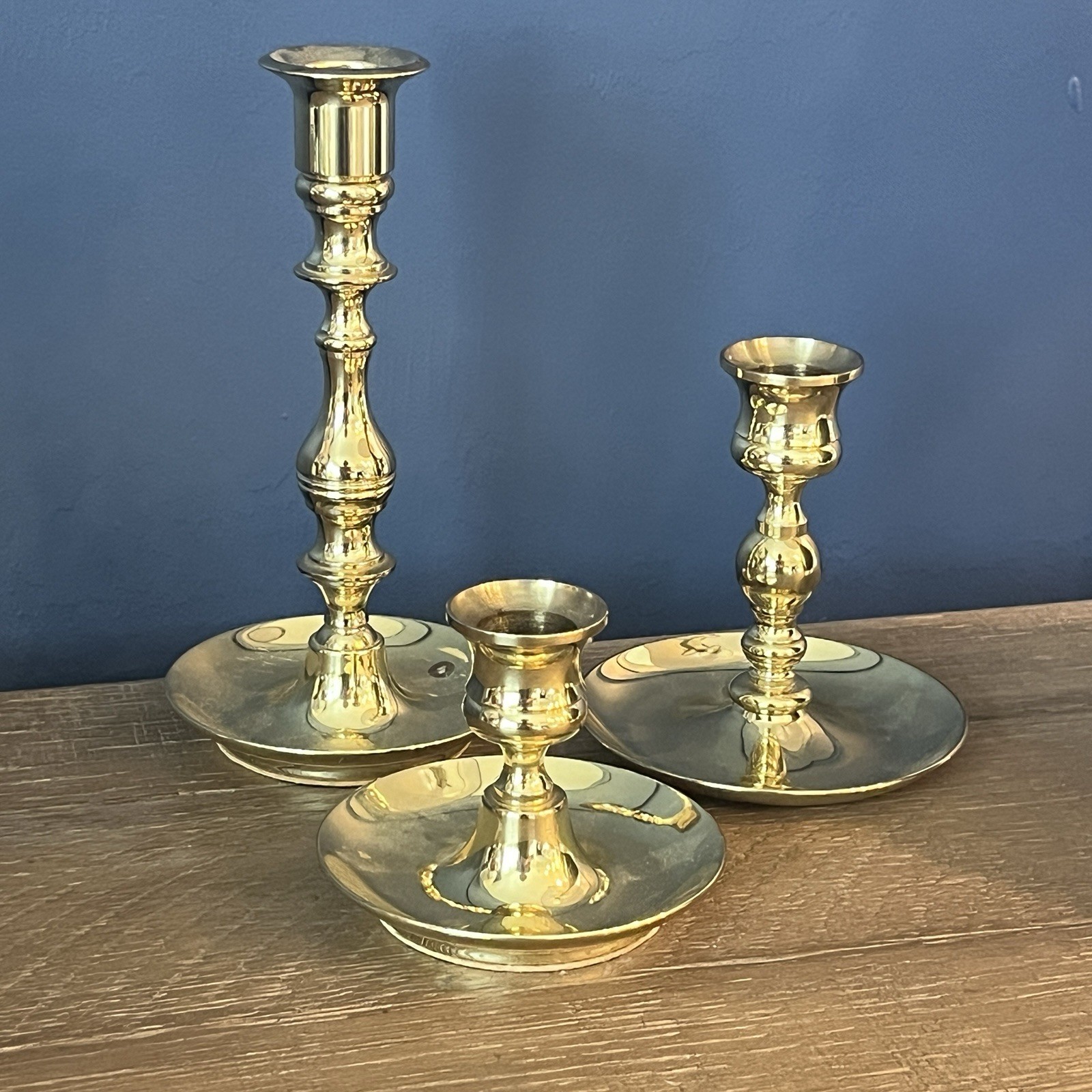 Vtg Baldwin Solid Brass Candlesticks Set Of 3 Holiday Modern Heritage 7, 4, 2.5”