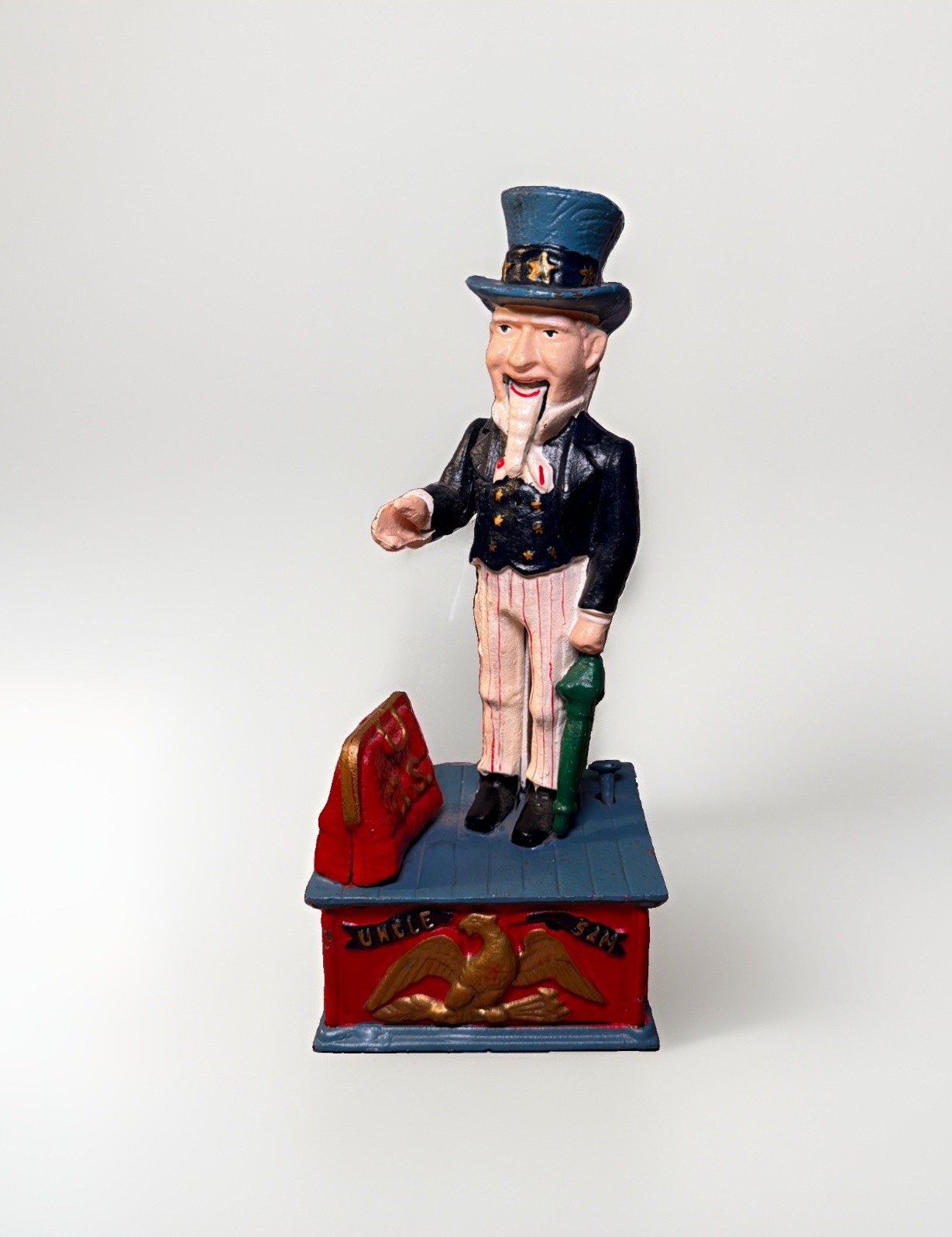 Vintage Uncle Sam Cast Iron Mechanical Bank Patriotic Americana Replica 11”