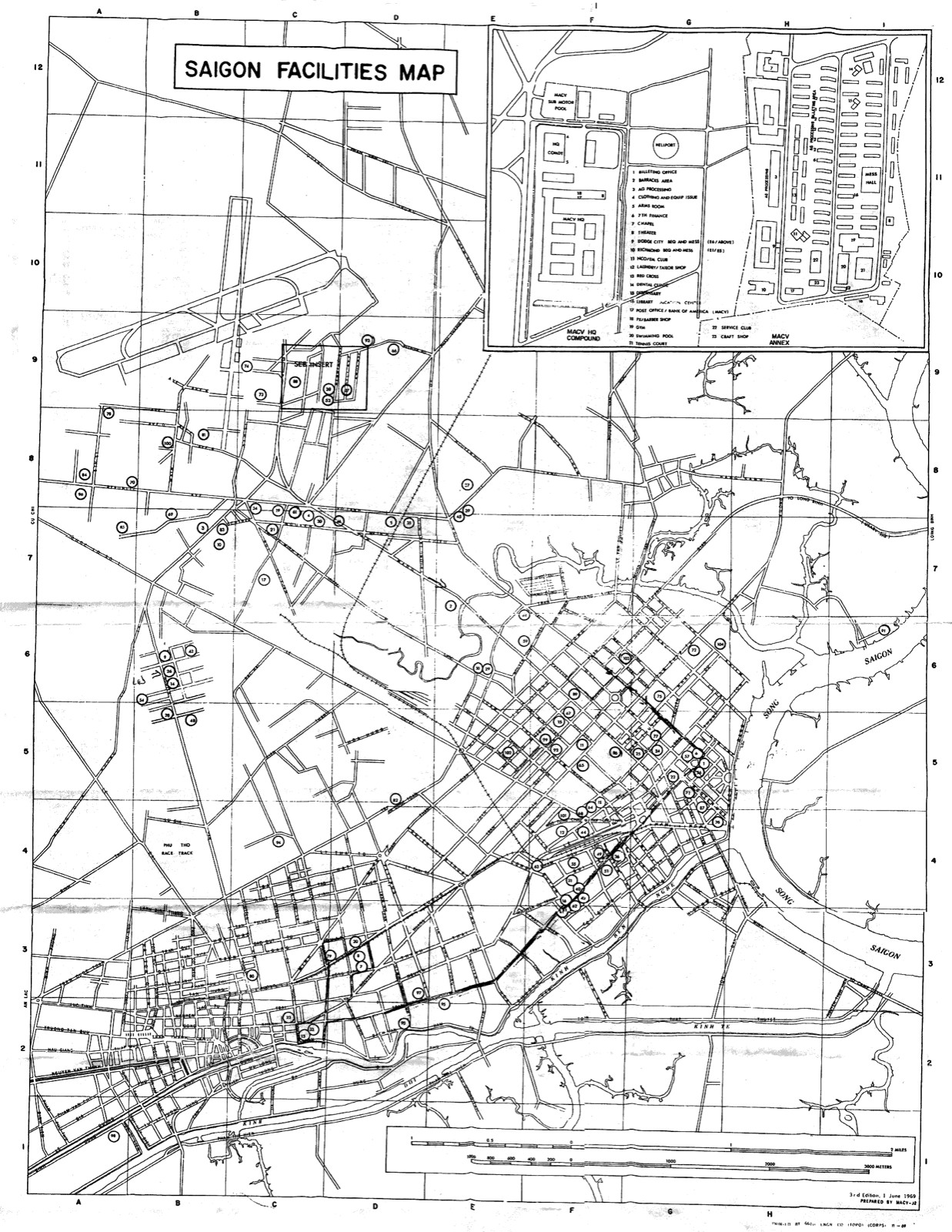 Saigon Facilities Map - reprint of 1960s era military map MACV  W1